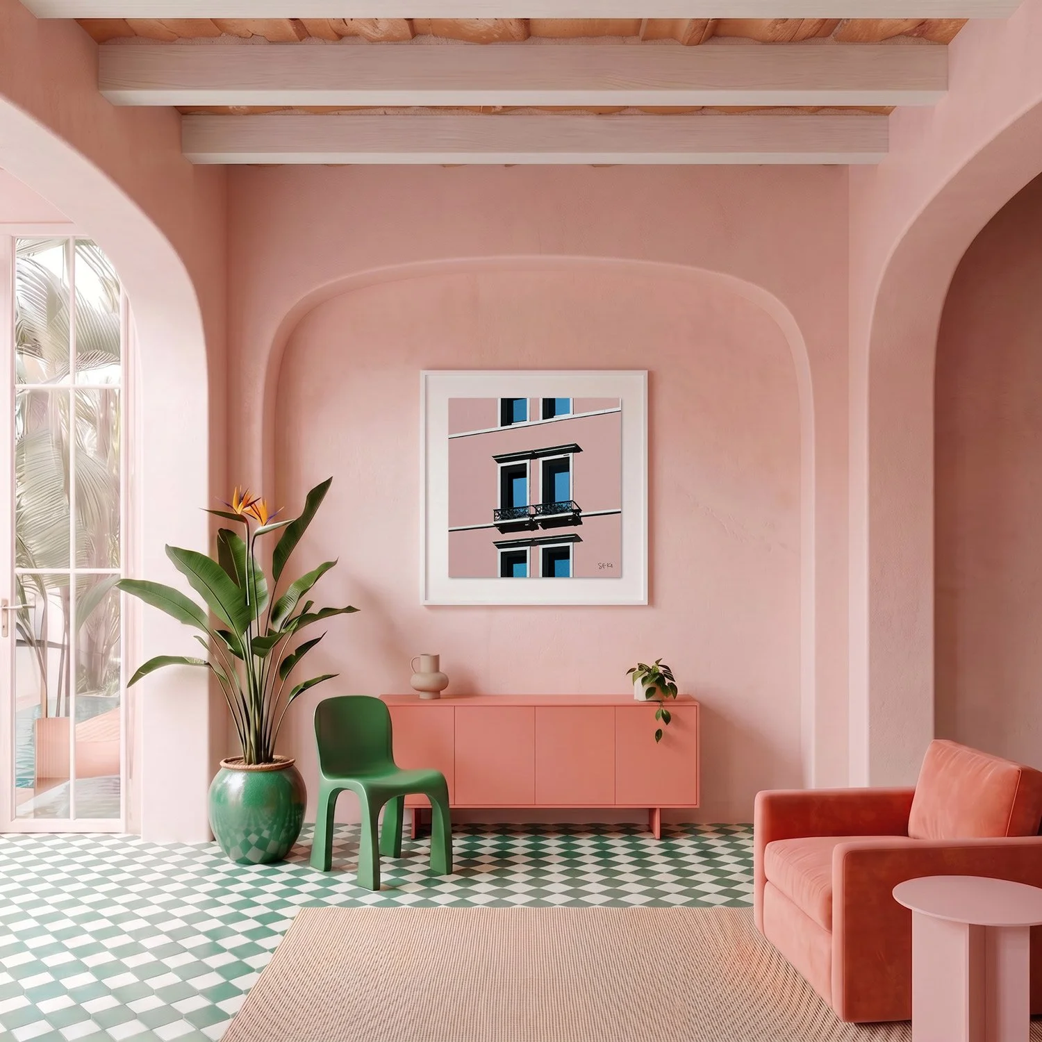 Venice 15 framed photography print in blush pink plaster and coral Mediterranean interior