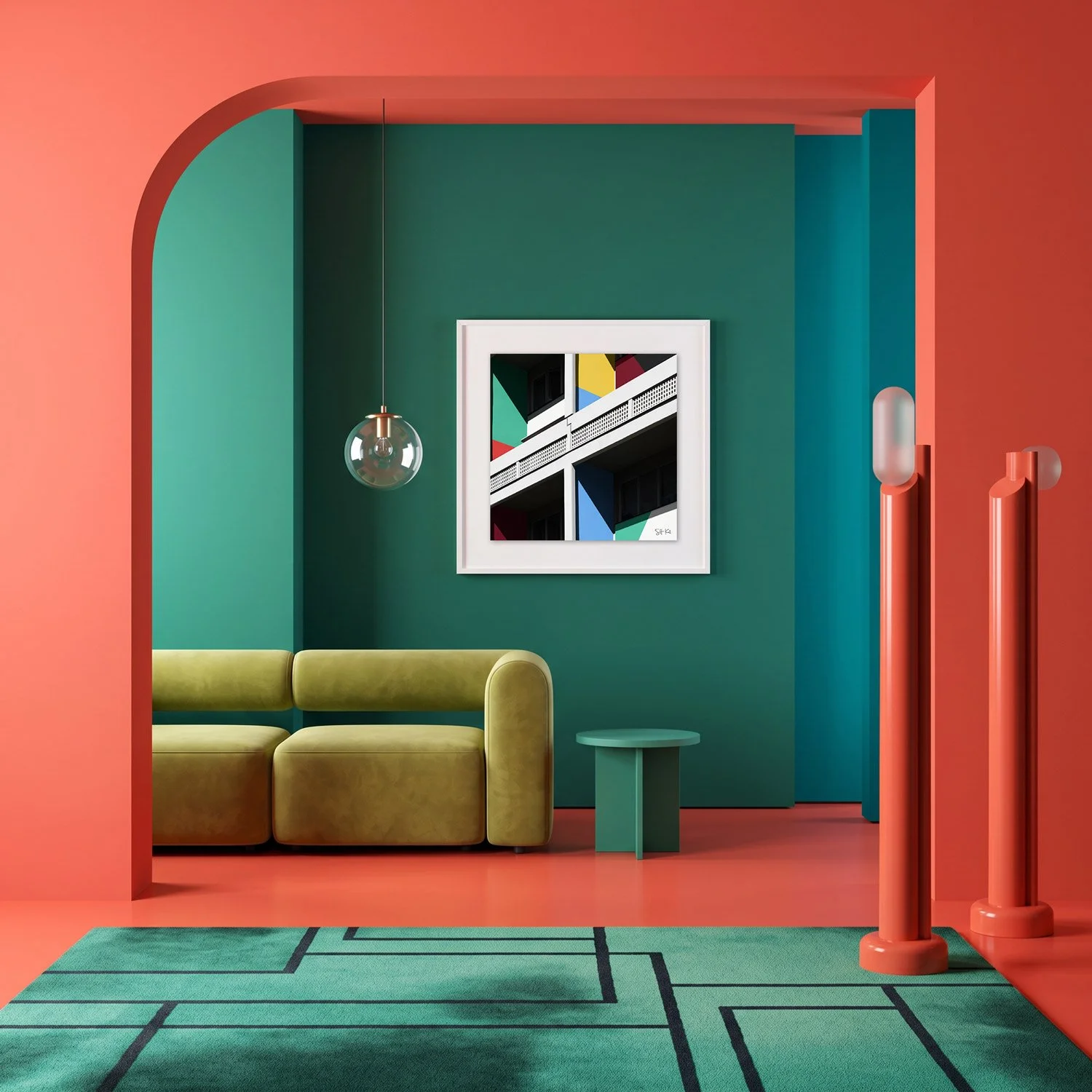 Corbusierhaus Berlin 14 framed photography print in coral and deep teal maximalist interior