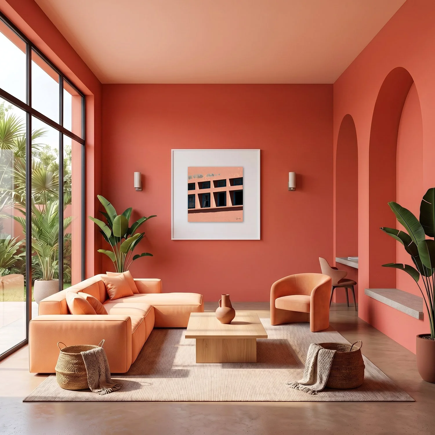 Marrakech Medina 04 framed photography print in warm terracotta and peach interior
