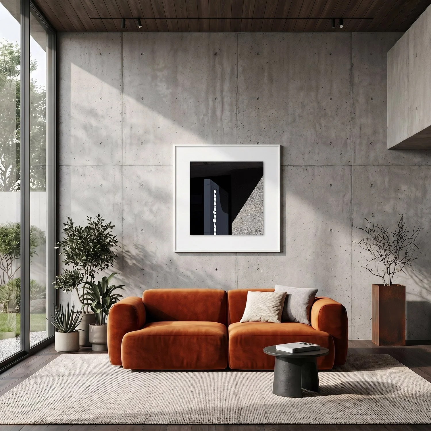 Barbican Centre 05 framed photography print in raw concrete and rust modern interior
