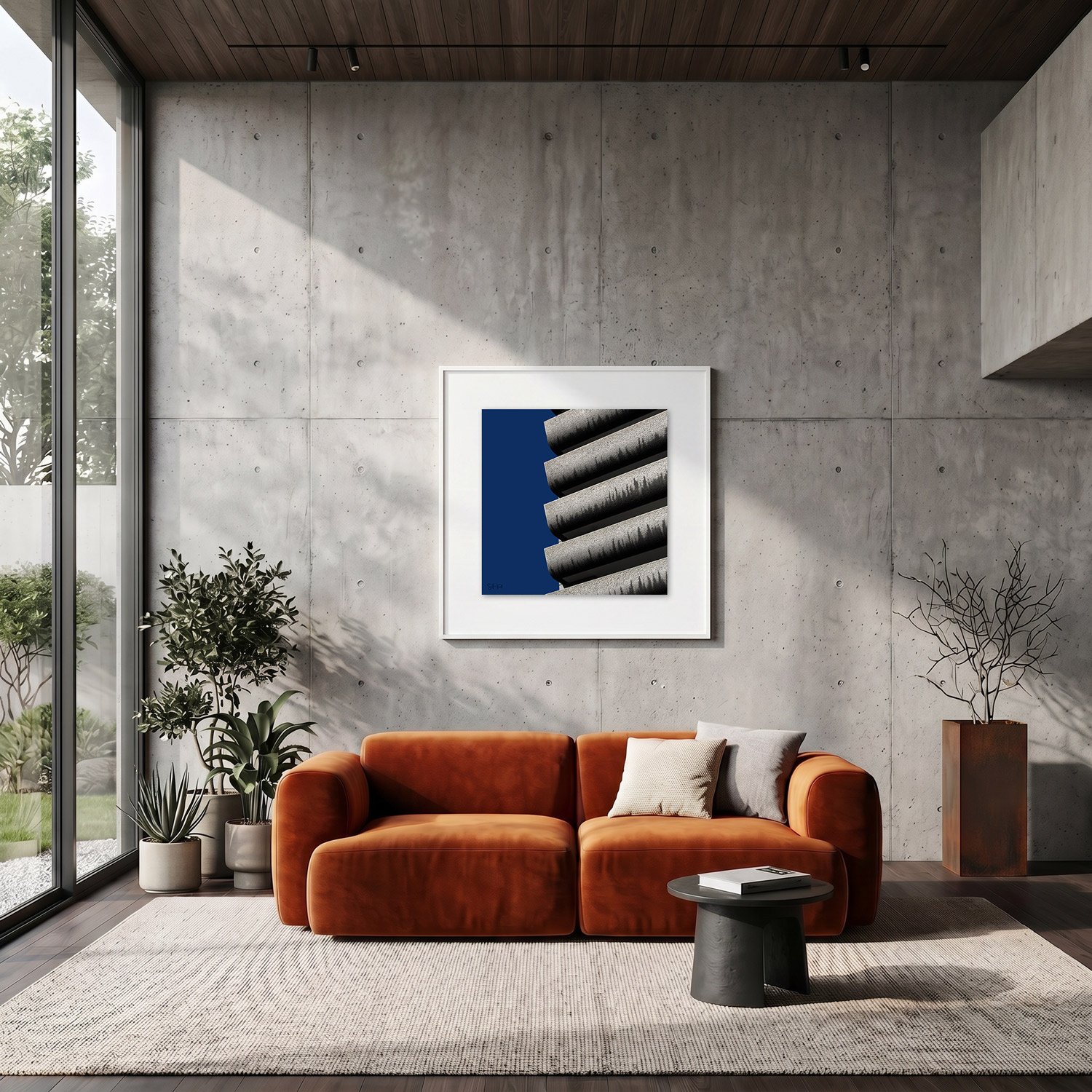 Barbican Centre 04 framed photography print in raw concrete and rust modern interior