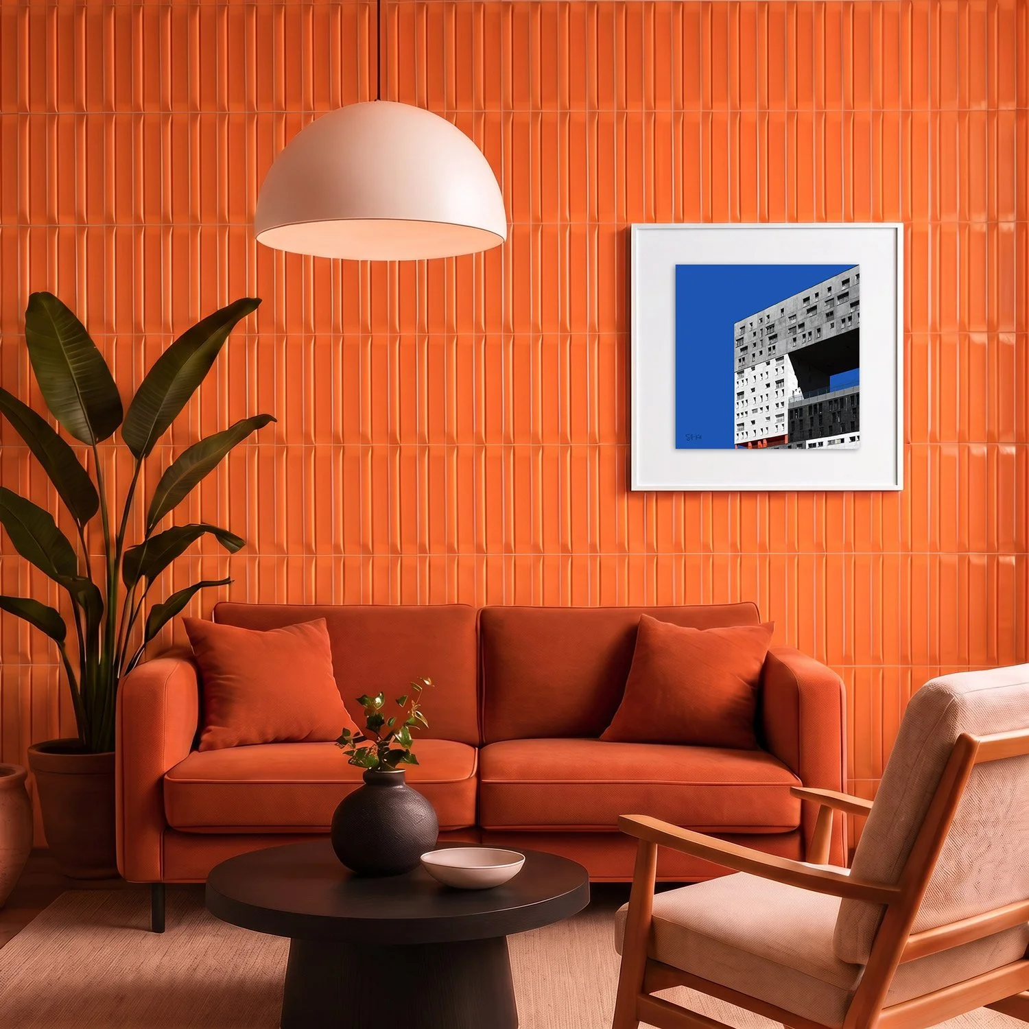 Mirador 01 framed photography print in bold orange tile and rust velvet interior