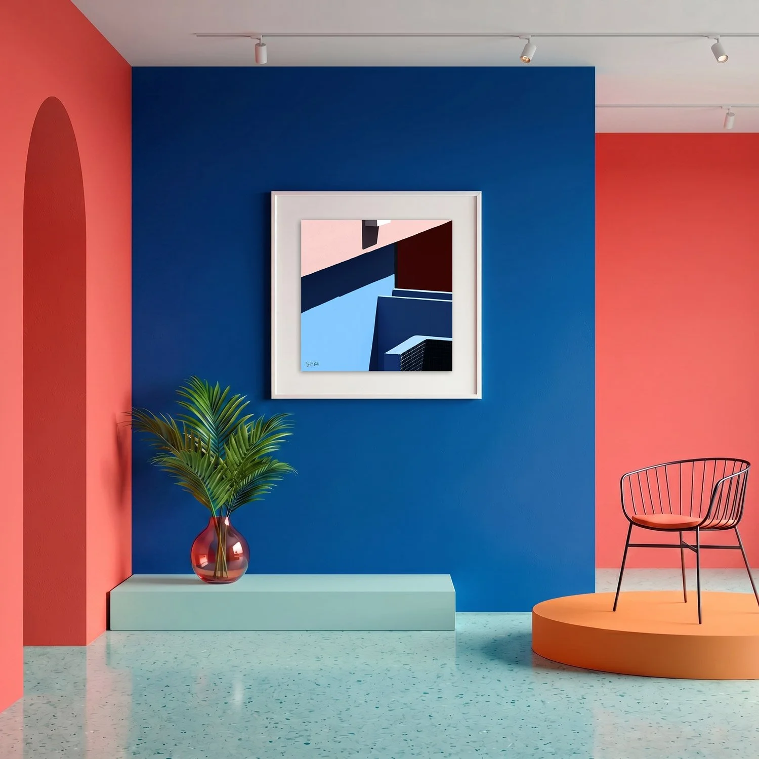 Muralla Roja 13 framed photography print in bold cobalt blue and coral gallery interior