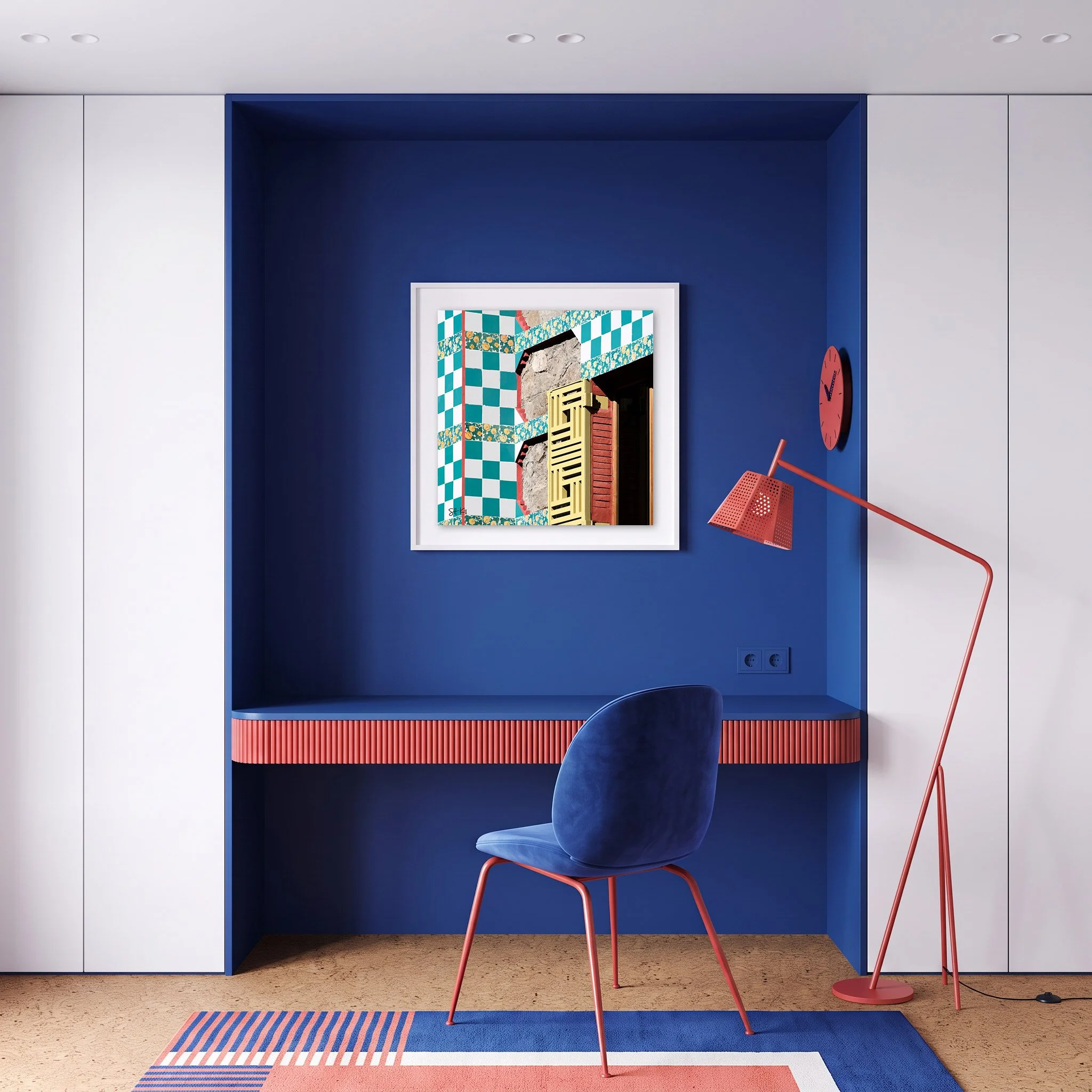 Casa Vicens 02 framed photography print in bold blue and coral modern study