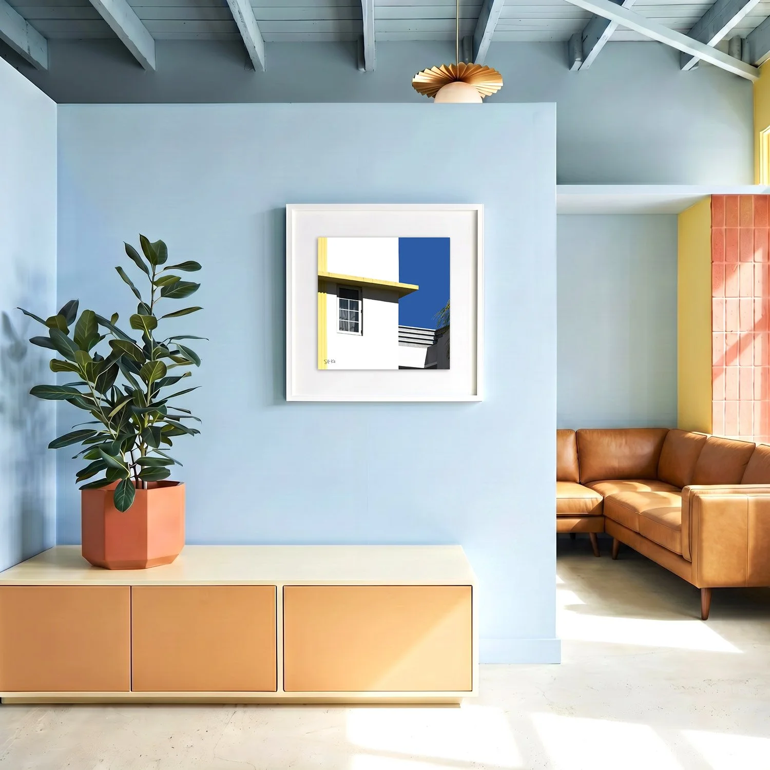 Miami Beach 06 framed photography print in sky blue and caramel coastal interior
