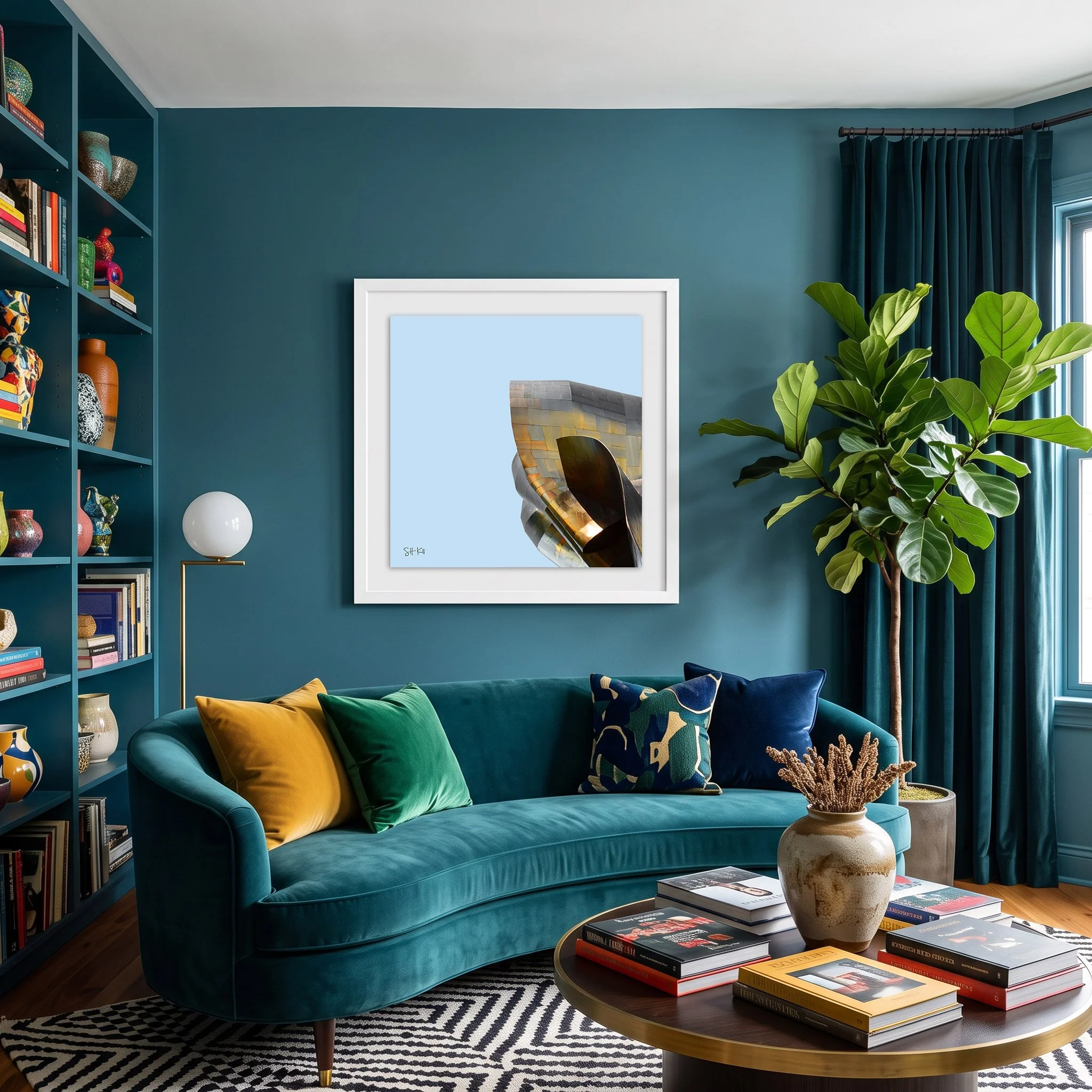 Seattle POP 03 framed photography print in teal and mustard eclectic living room