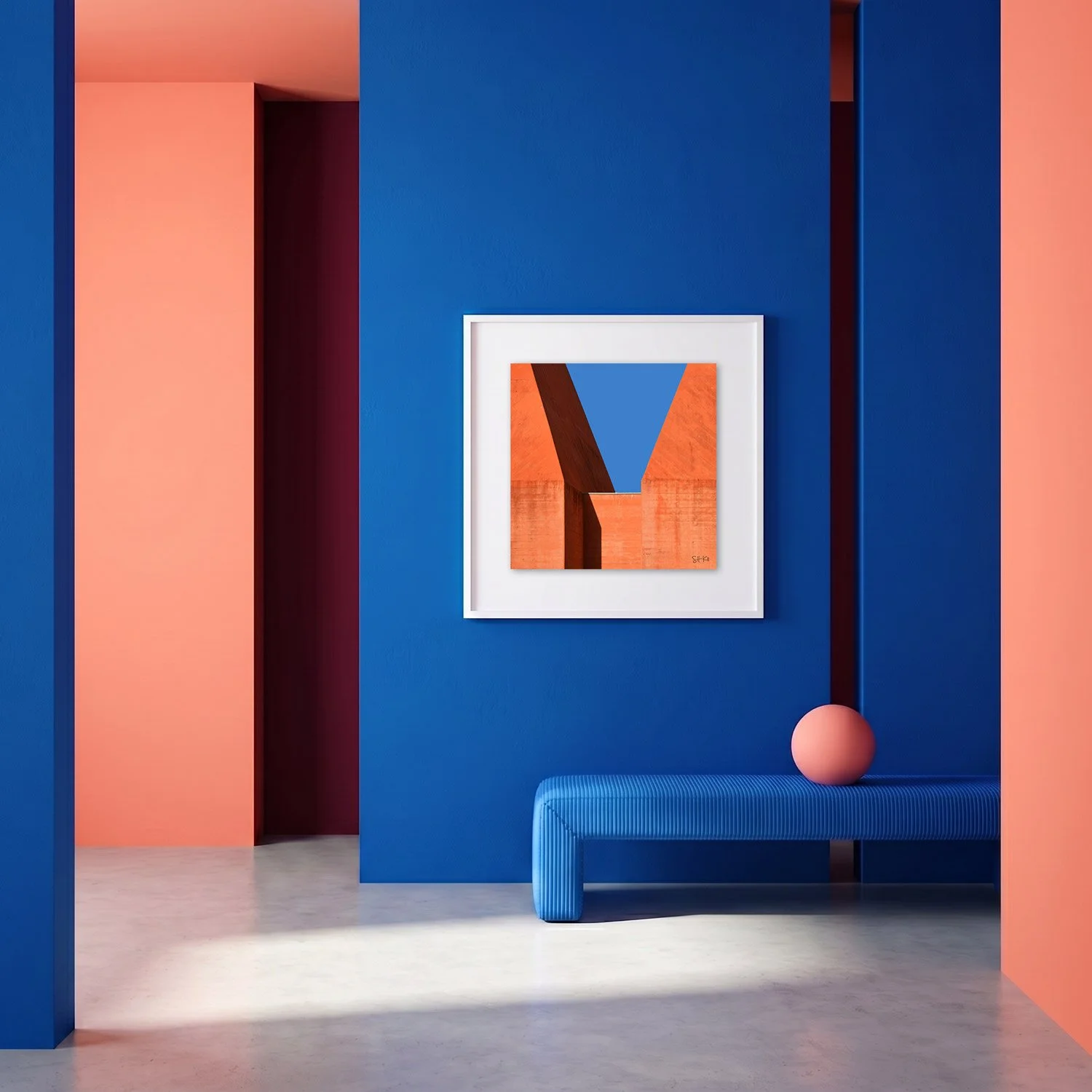 Cascais 03 framed photography print in cobalt blue and coral minimalist interior