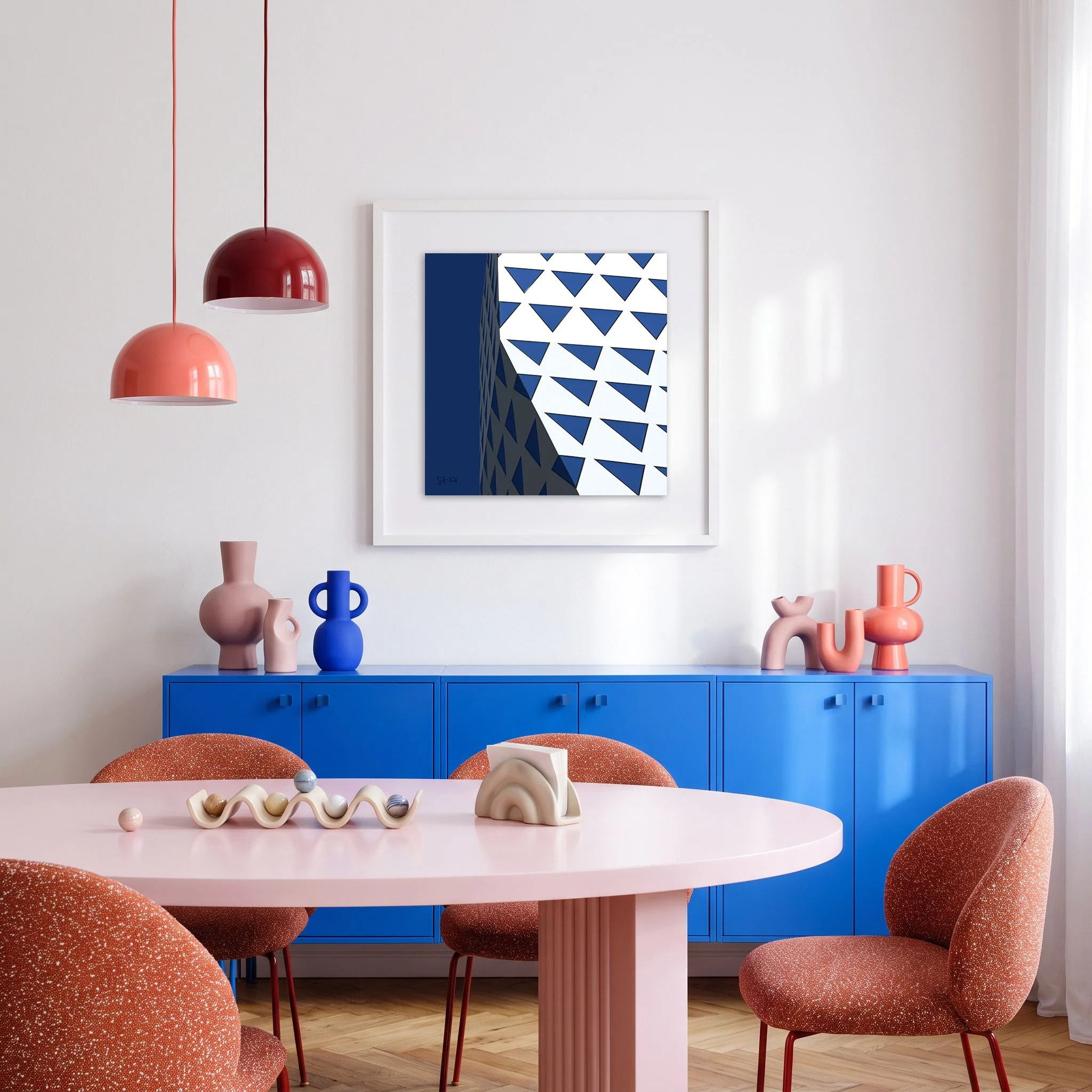 Provinciehuis 09 framed photography print in cobalt blue and coral playful modern dining room