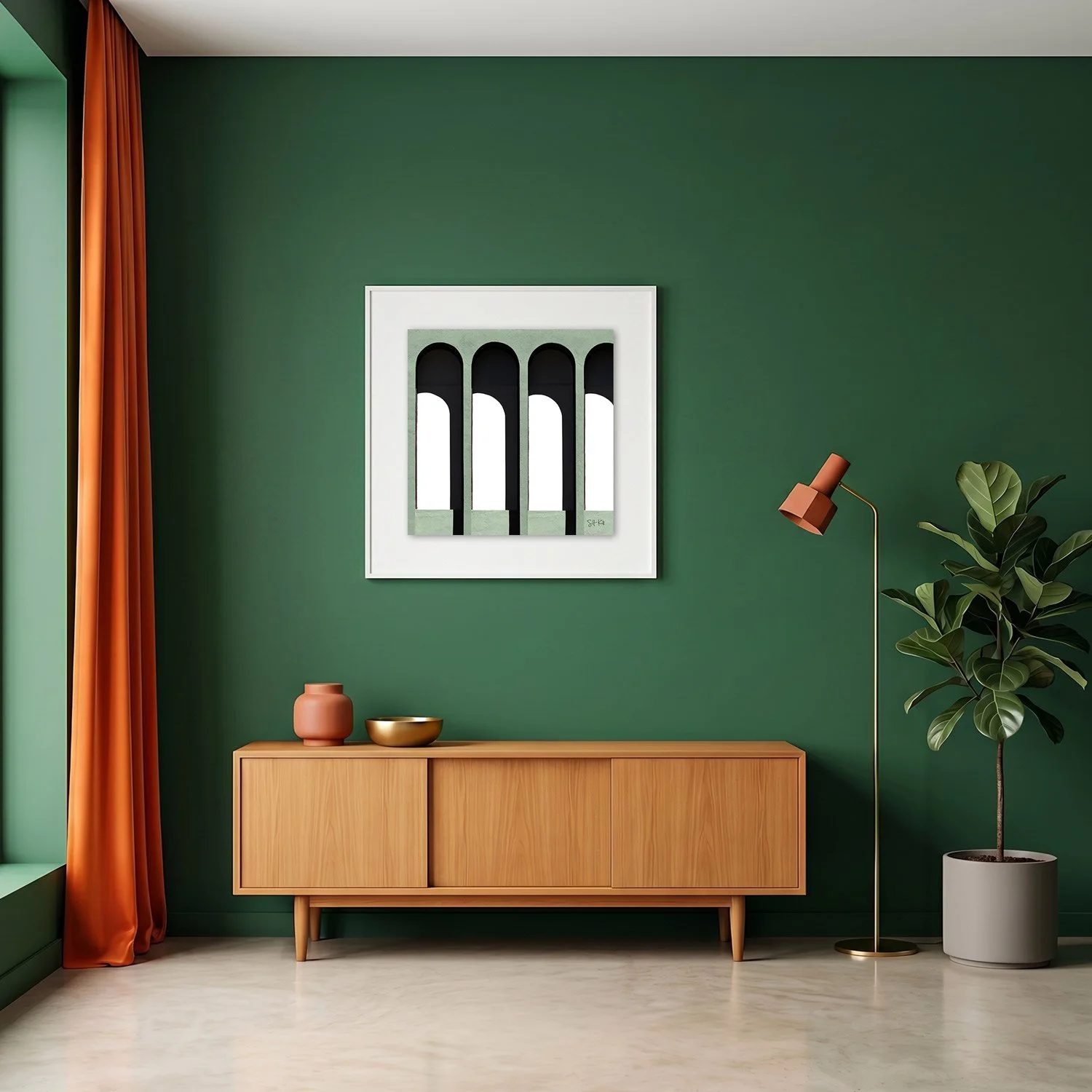 Walden 7 05 framed photography print in deep green and terracotta mid-century interior