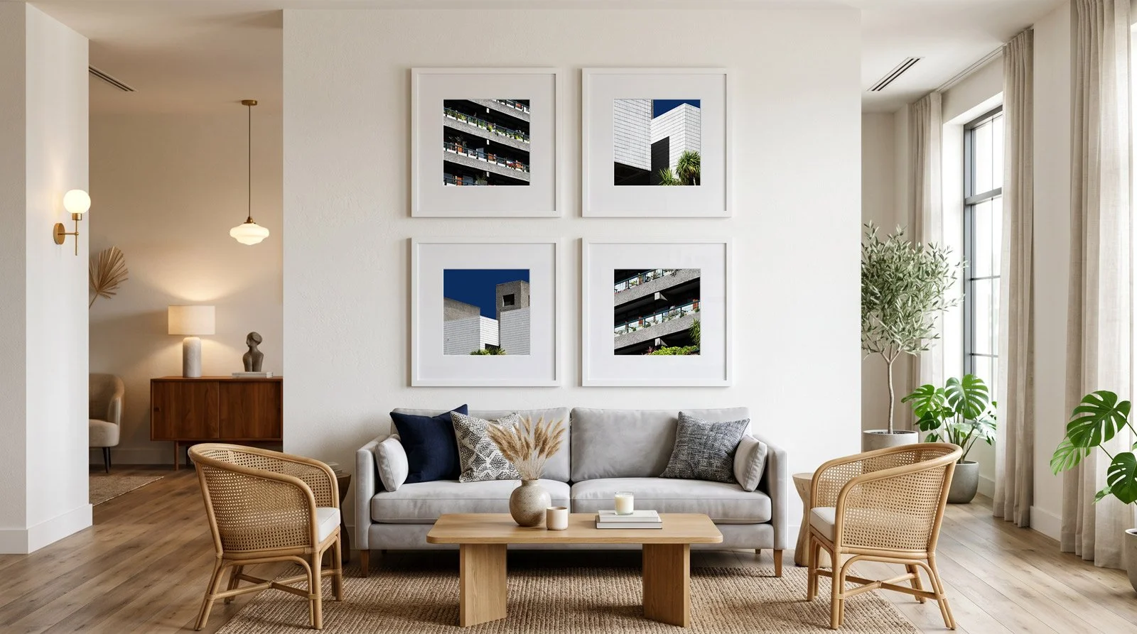 A modern commercial space displaying four framed madebygak photos