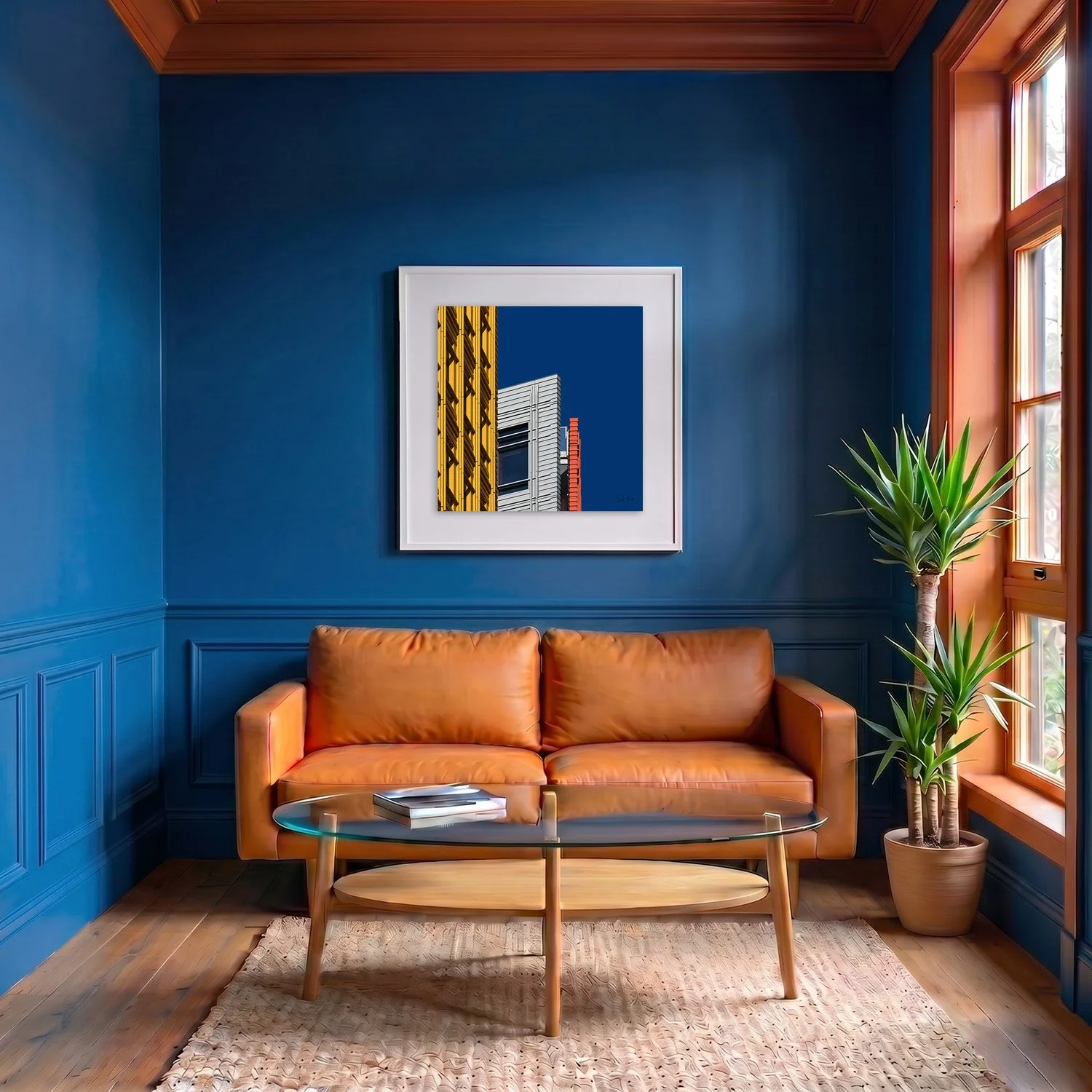 Central Saint Giles 08 framed photography print in deep blue and terracotta classic interior