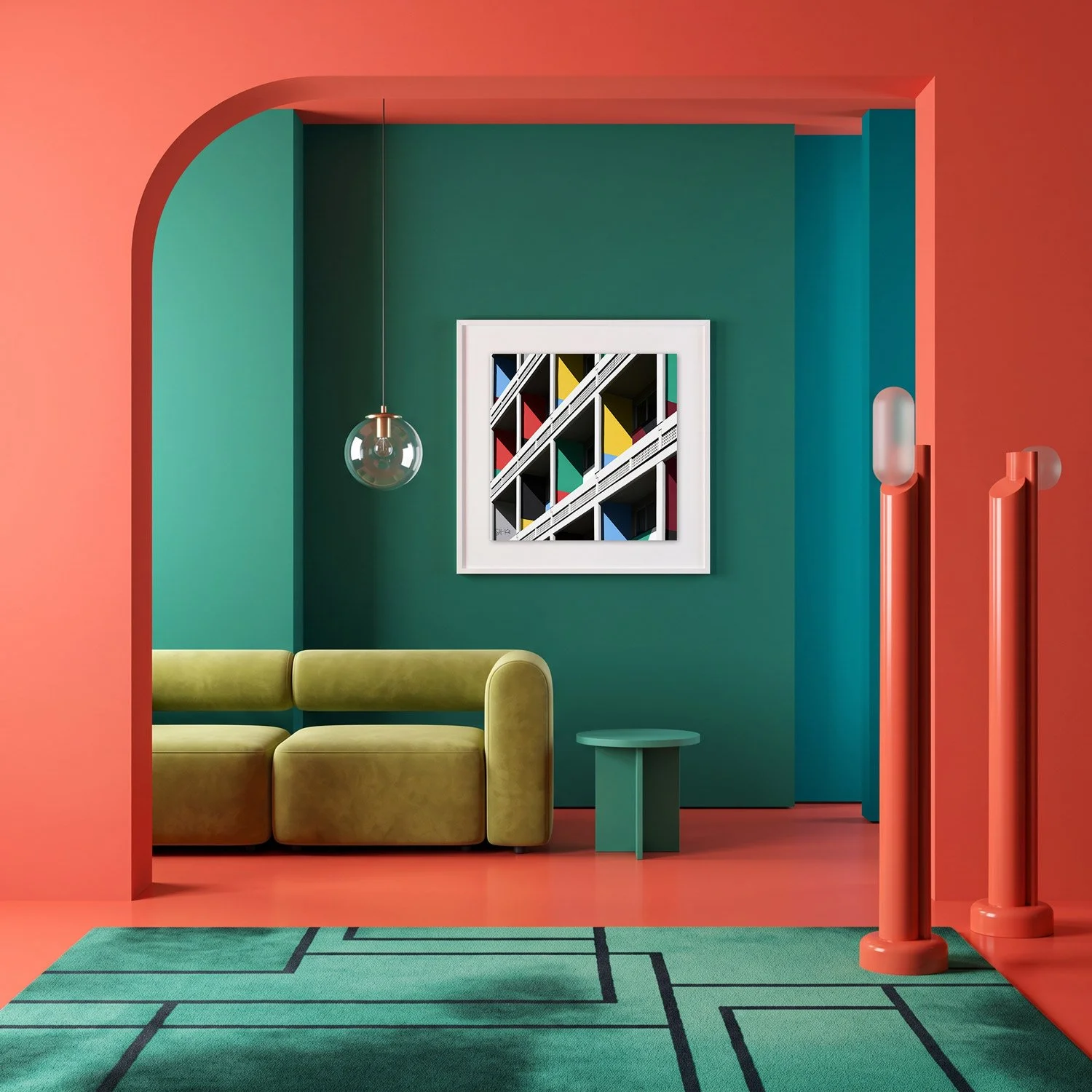 Corbusierhaus Berlin 03 framed photography print in coral and deep teal maximalist interior