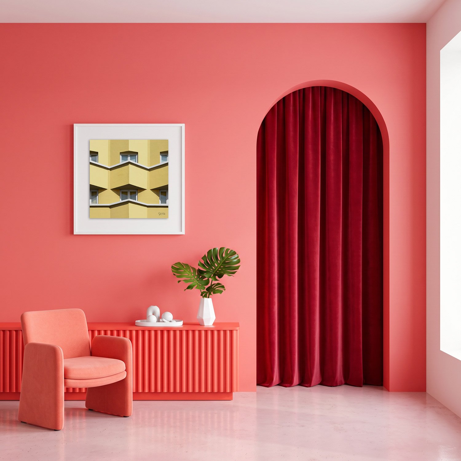 Lisbon 04 framed photography print in warm coral and crimson arched interior