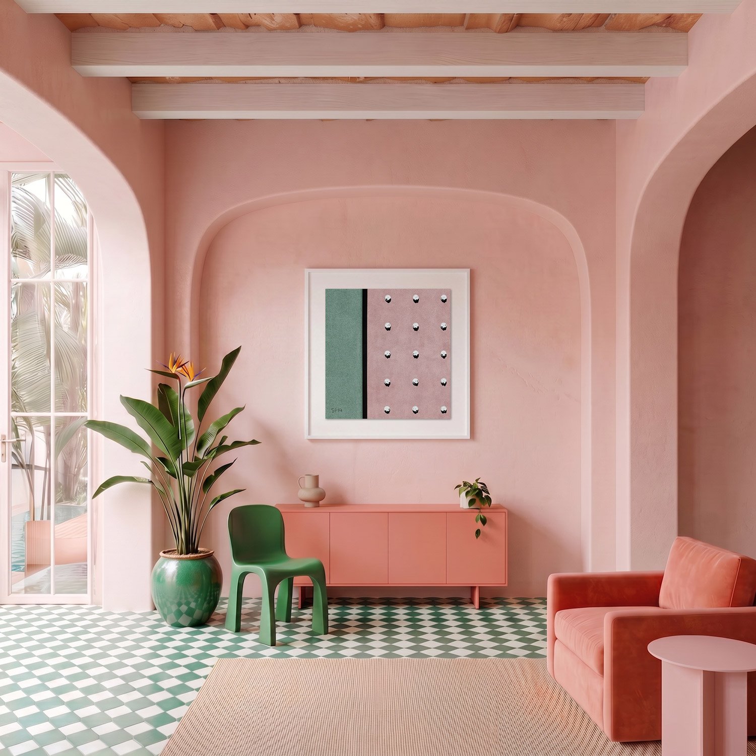 Venice 14 framed photography print in blush pink plaster and coral Mediterranean interior