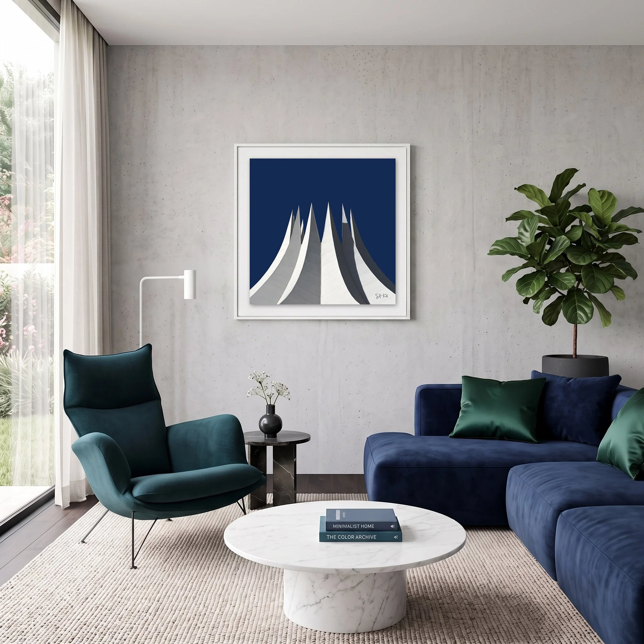 Tempodrom 01 framed photography print in slate blue and burnt orange mid-century living room