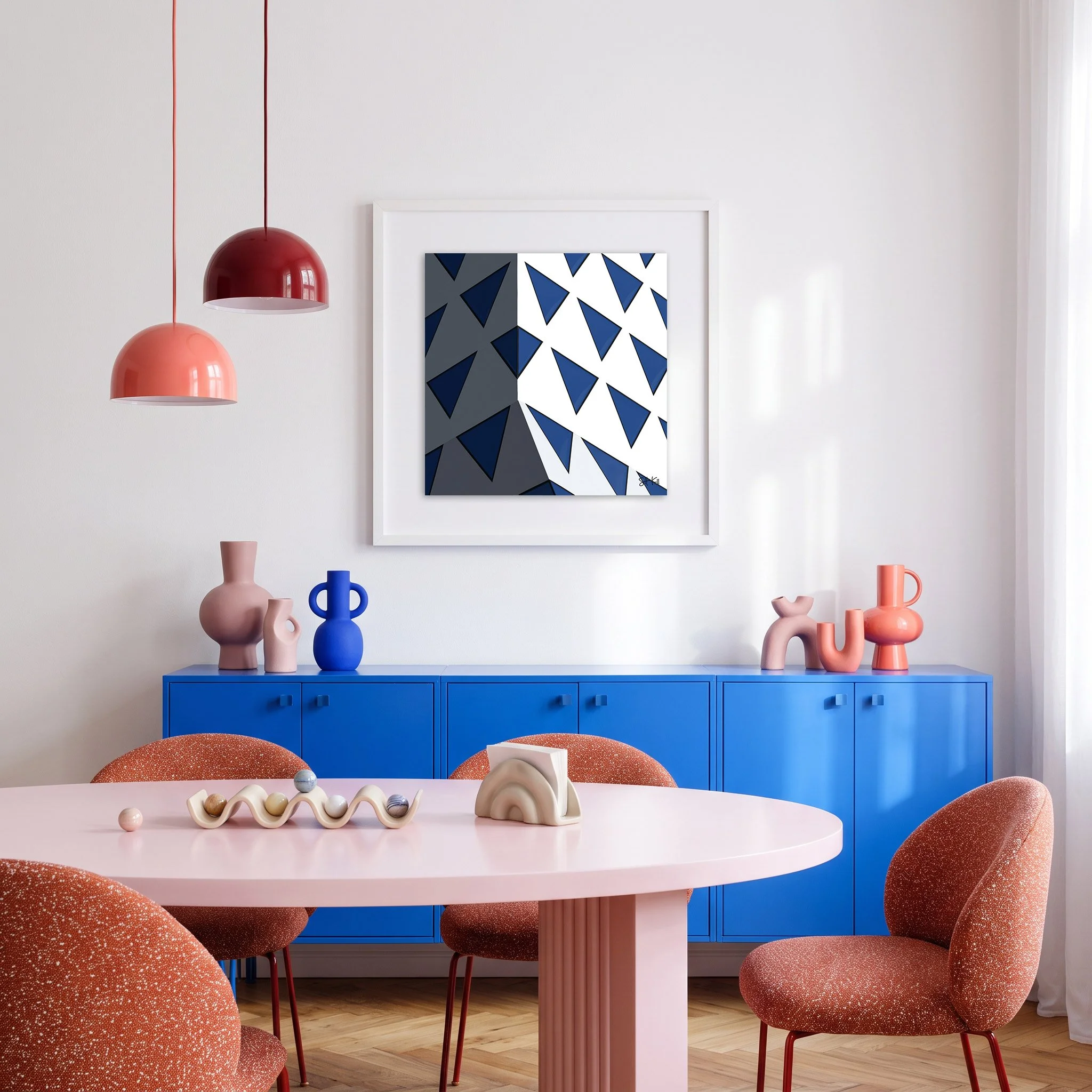 Provinciehuis 02 framed photography print in cobalt blue and coral playful modern dining room