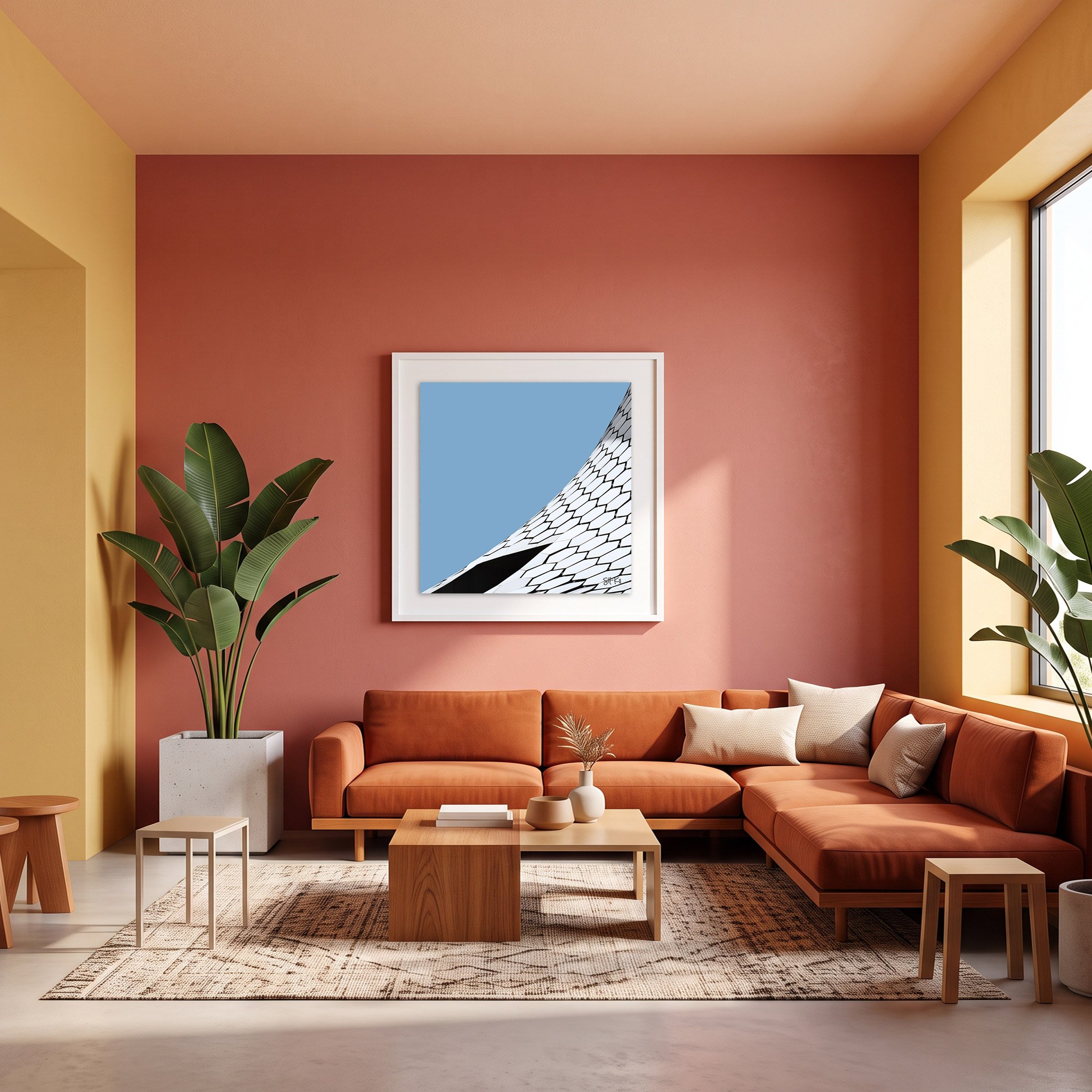 Museo Soumaya 05 framed photography print in terracotta and amber modern living room