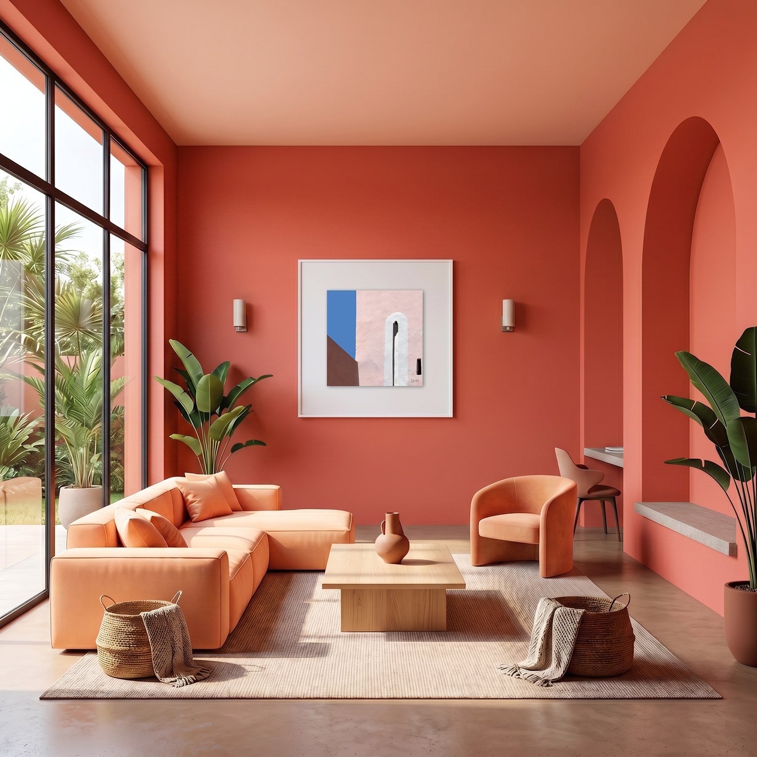 Marrakech Medina 17 framed photography print in warm terracotta and peach interior