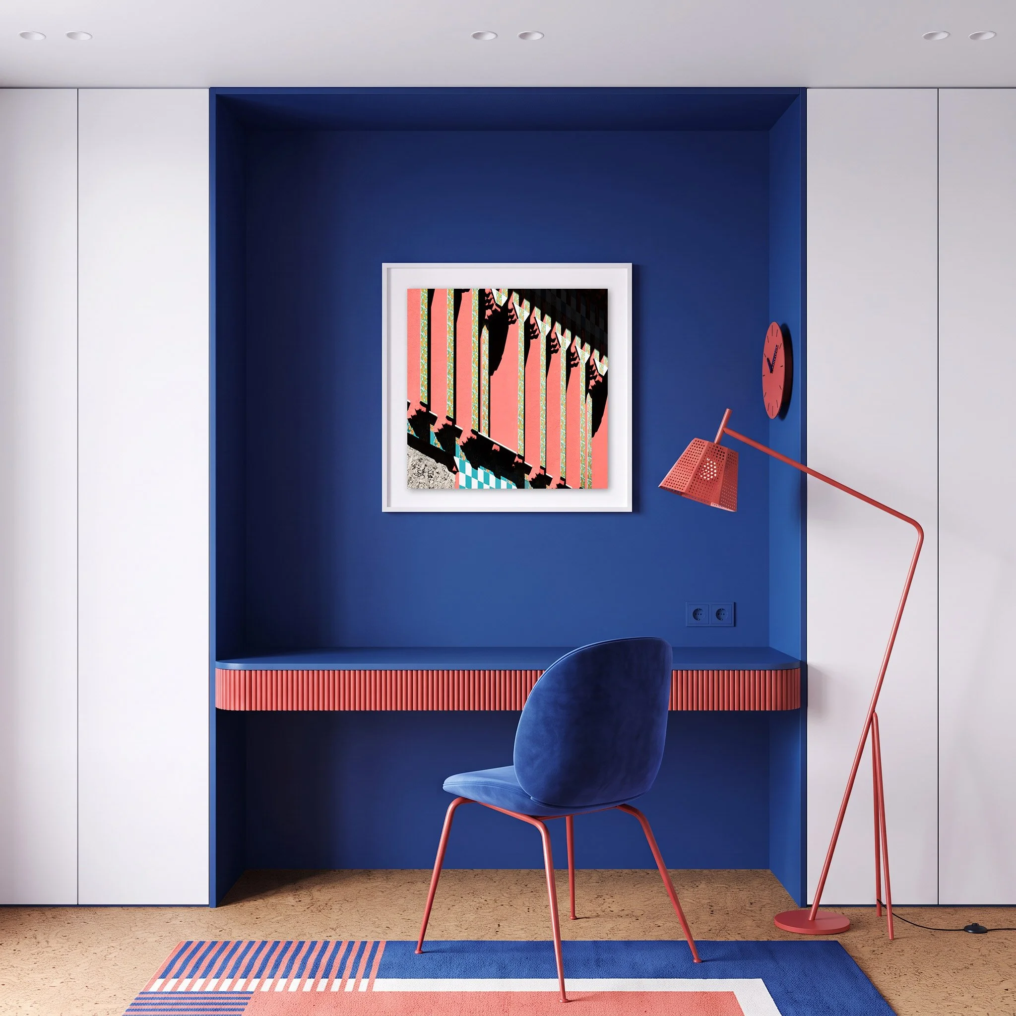 Casa Vicens 04 framed photography print in bold blue and coral modern study