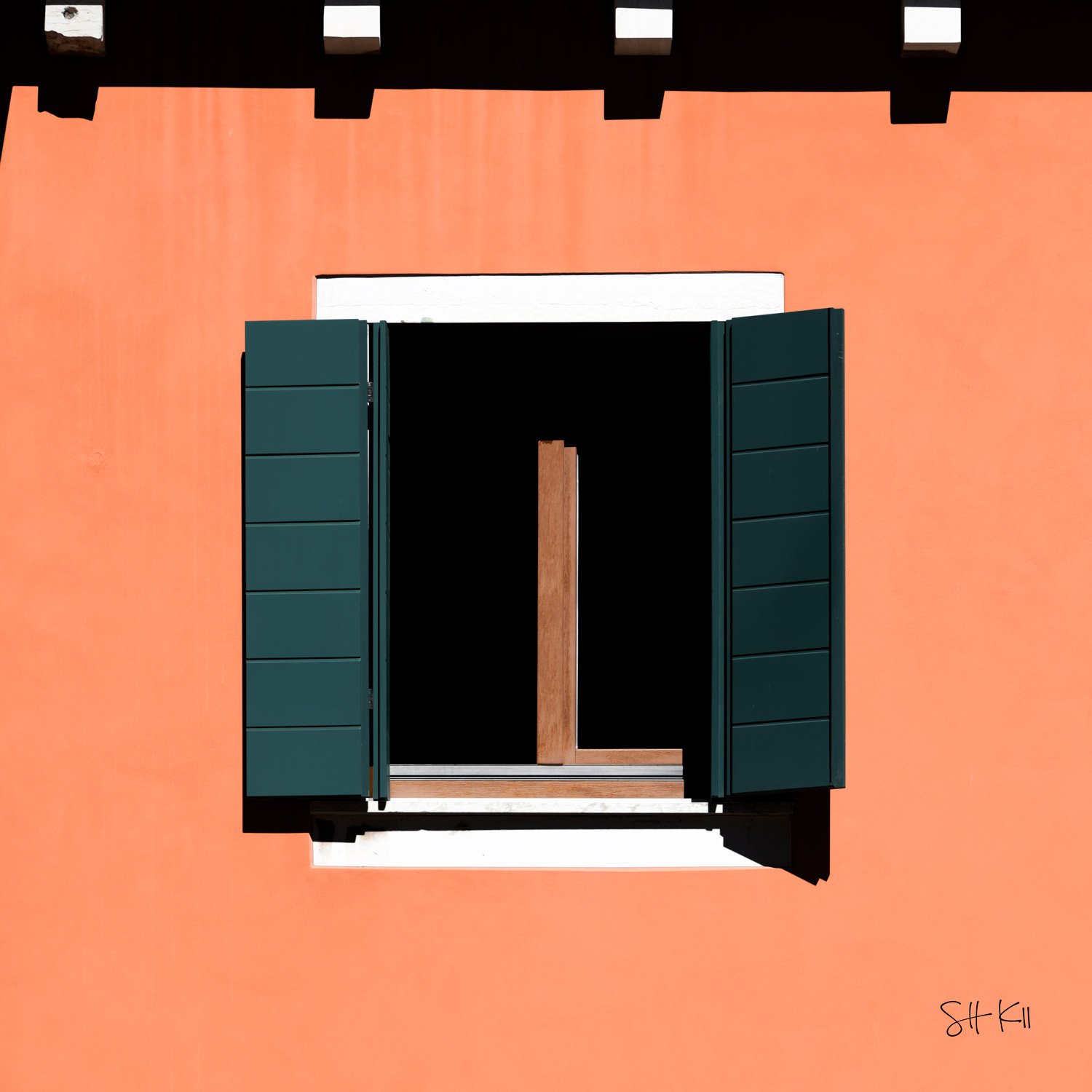 Salmon wall with a single centered window, teal shutters open, and corbeled cornice — Venice architecture photograph