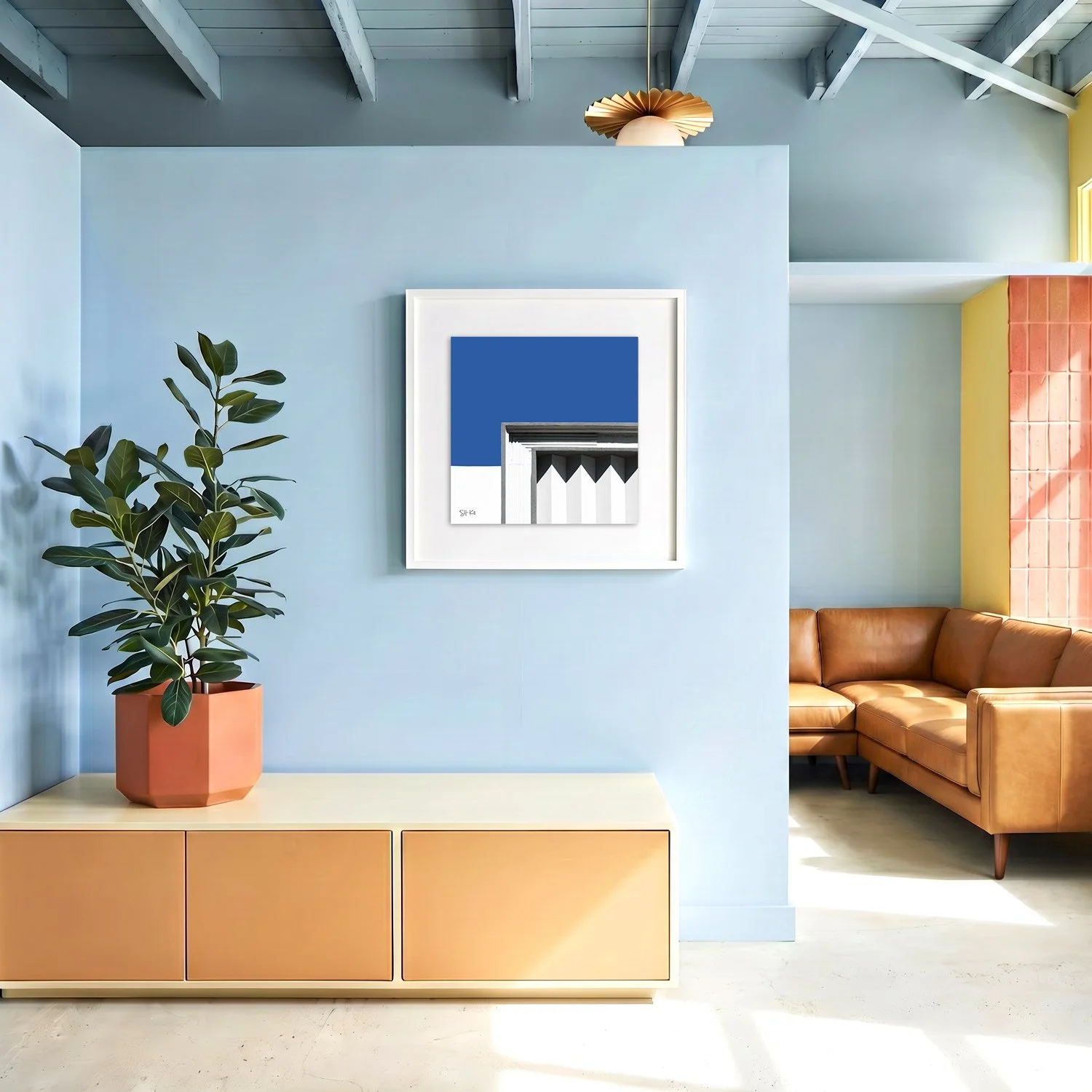 Miami Beach 20 framed photography print in sky blue and caramel coastal interior