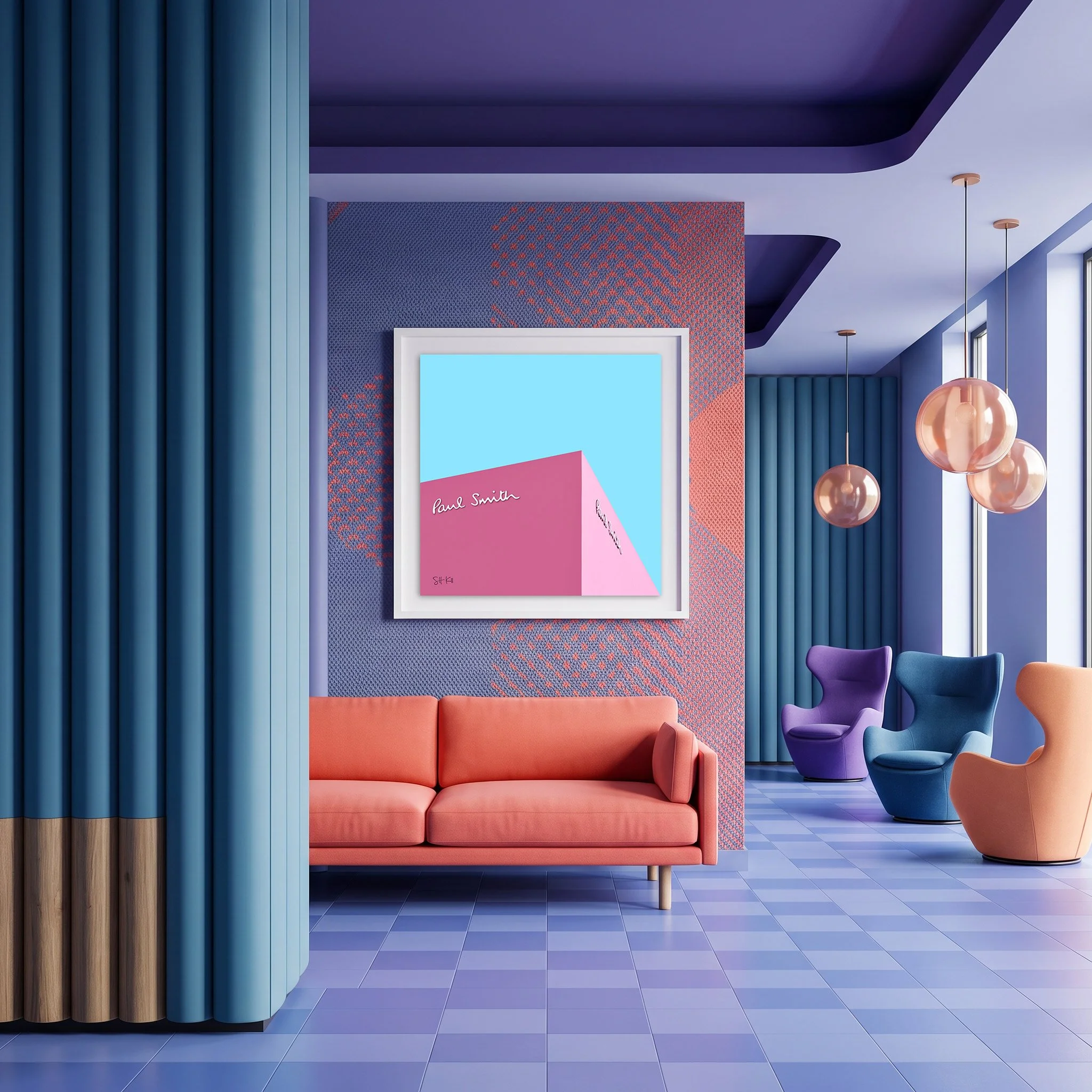 Melrose 04 framed photography print in violet coral and teal bold maximalist lounge