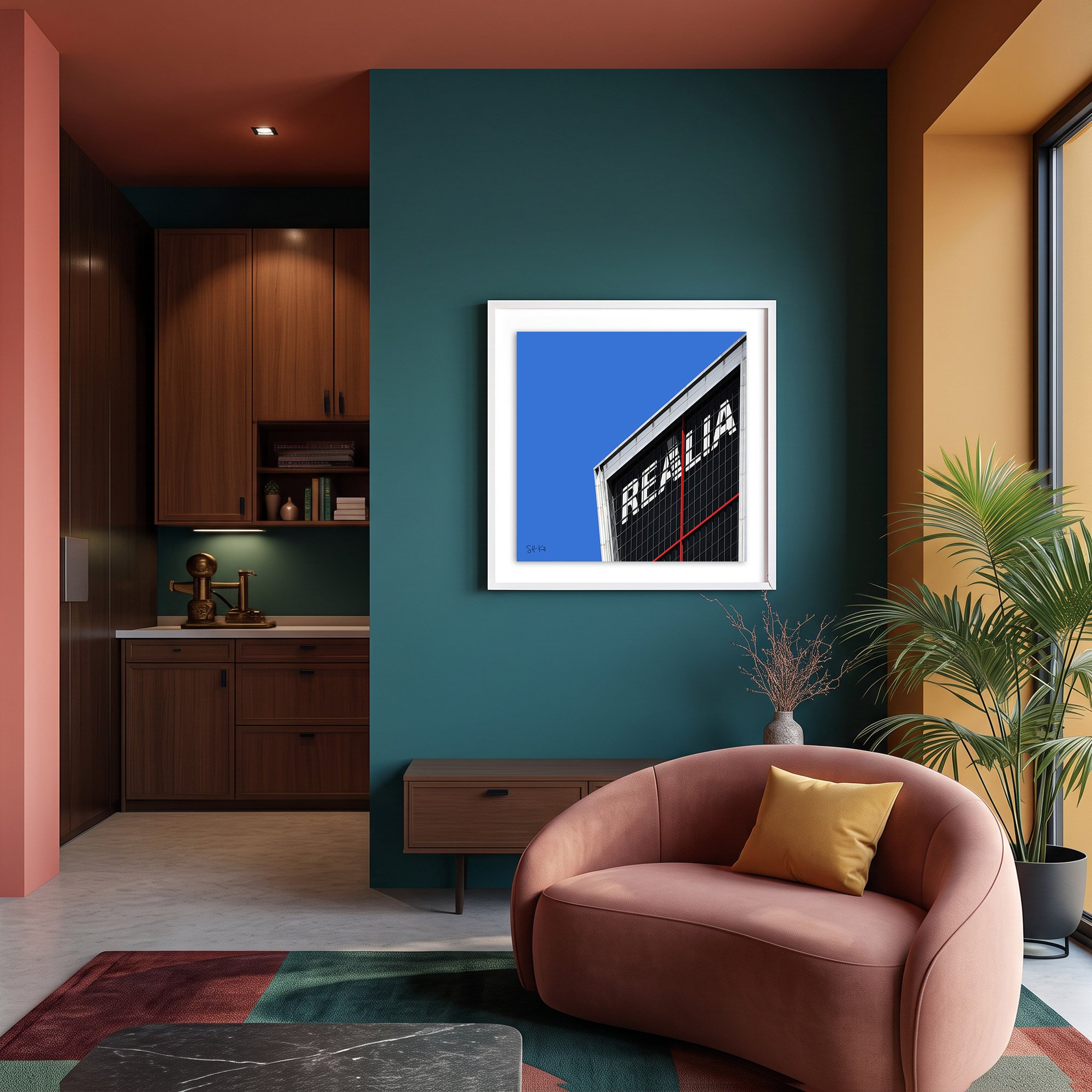 Puerta de Europa 08 framed photography print in teal and terracotta mid-century modern living room
