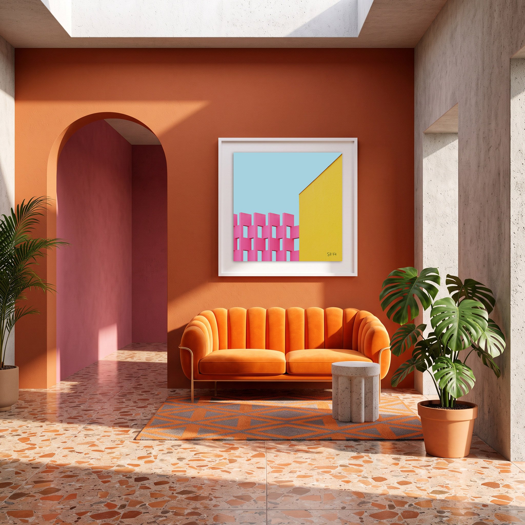 Camino Real Hotel 02 framed photography print in terracotta and orange mediterranean living room