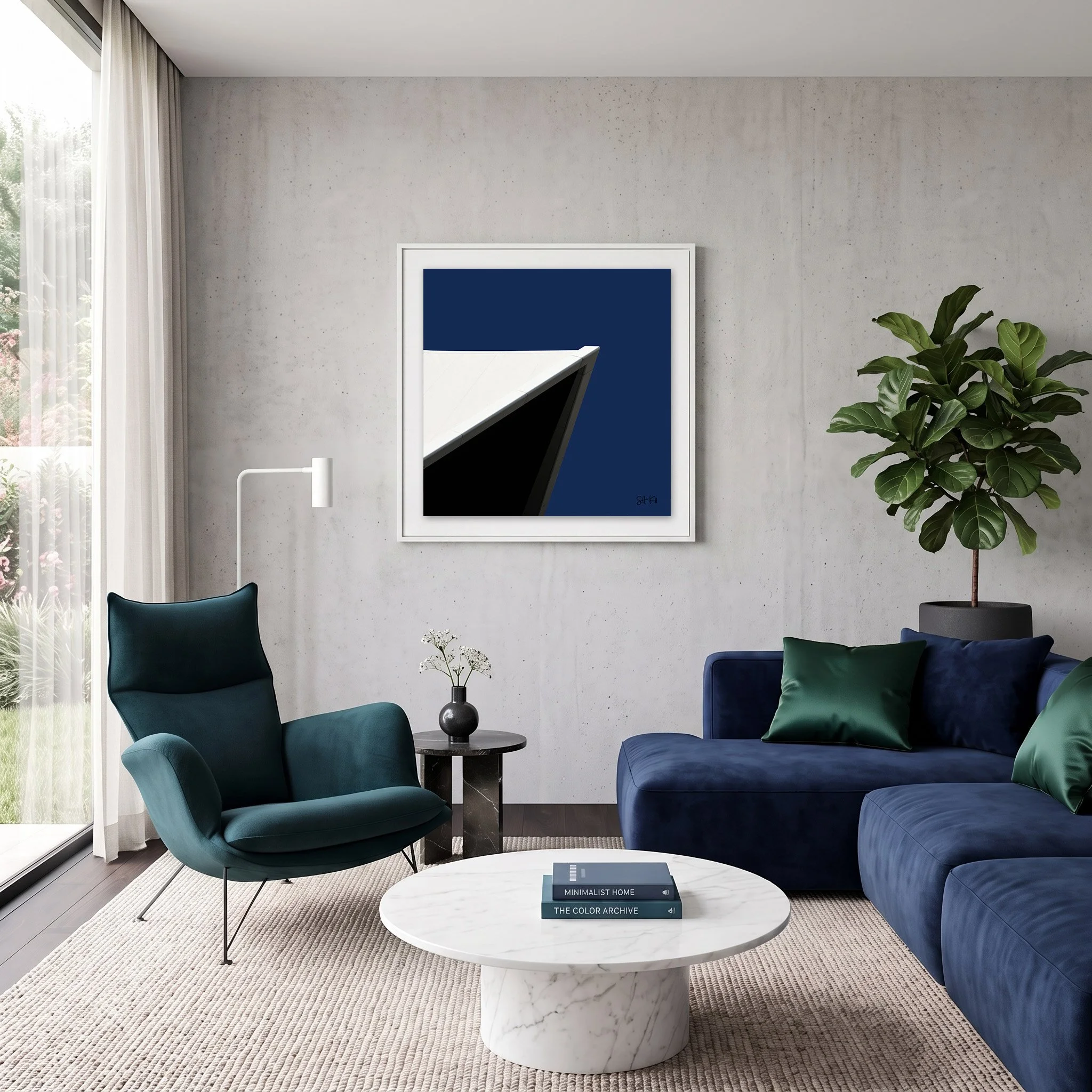 Tempodrom 02 framed photography print in slate blue and burnt orange mid-century living room