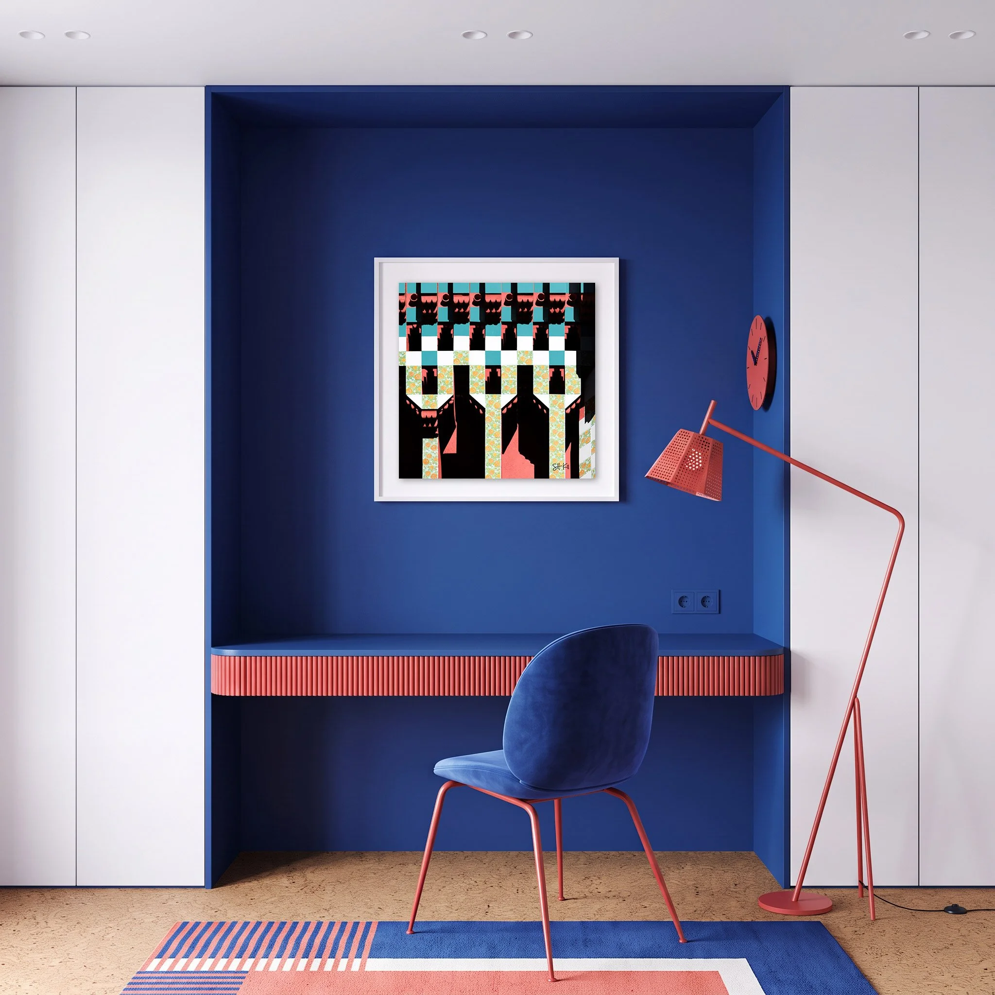 Casa Vicens 05 framed photography print in bold blue and coral modern study