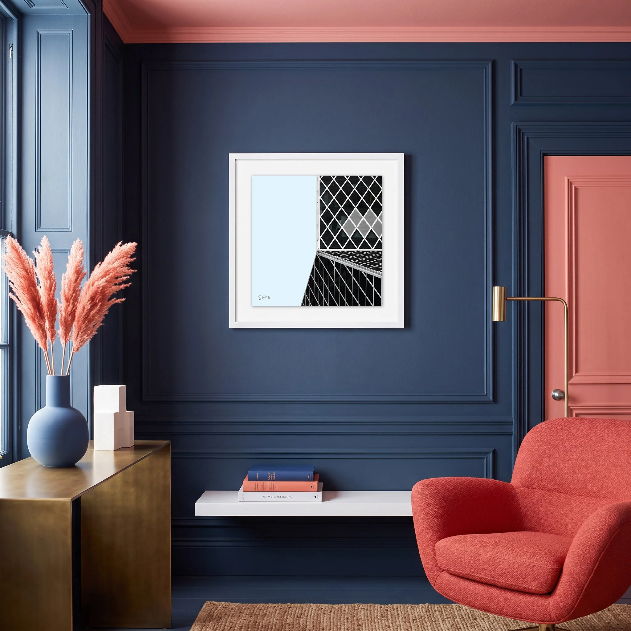 Seattle Public Library 02 framed photography print in navy and coral contemporary classic interior