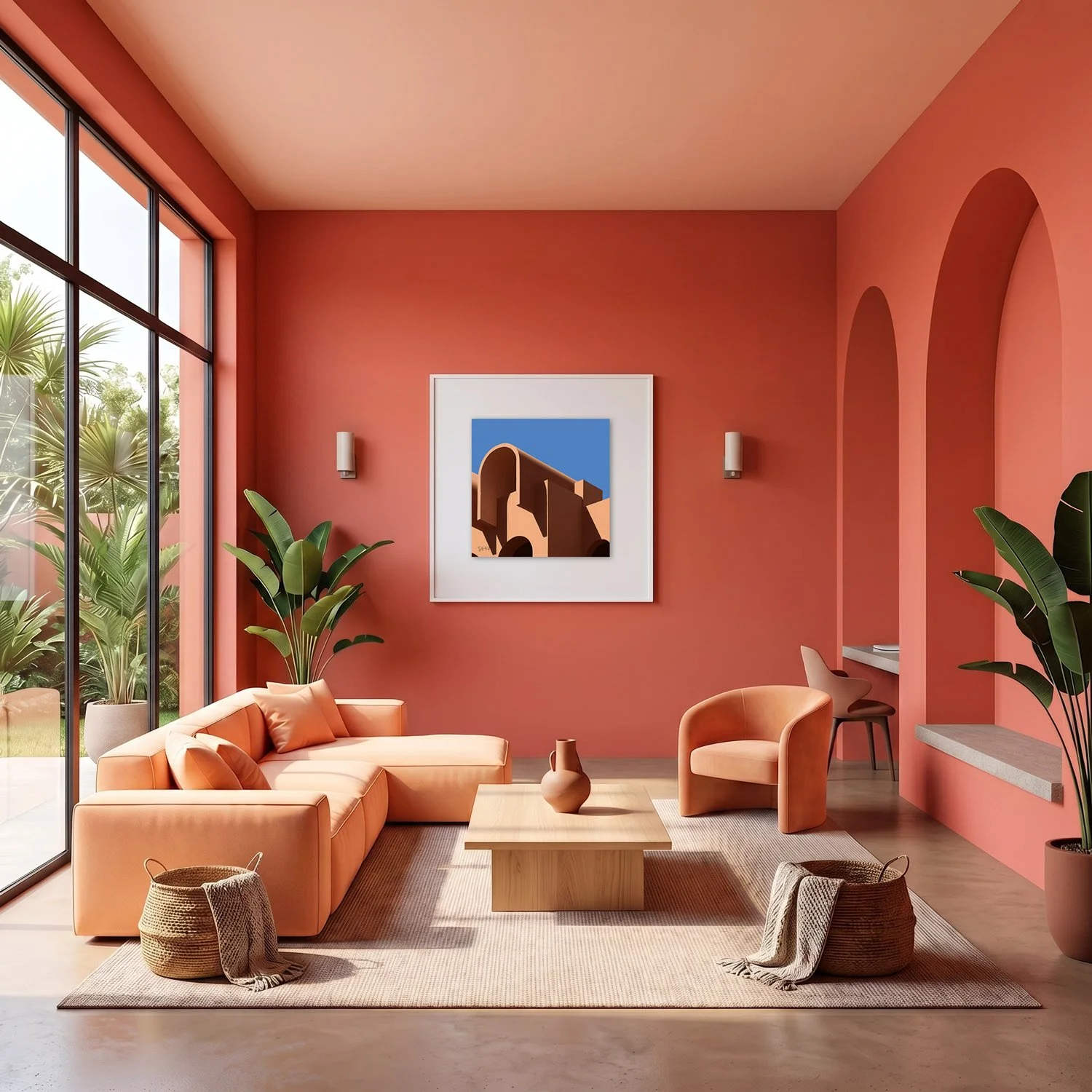 Marrakech Medina 13 framed photography print in warm terracotta and peach interior