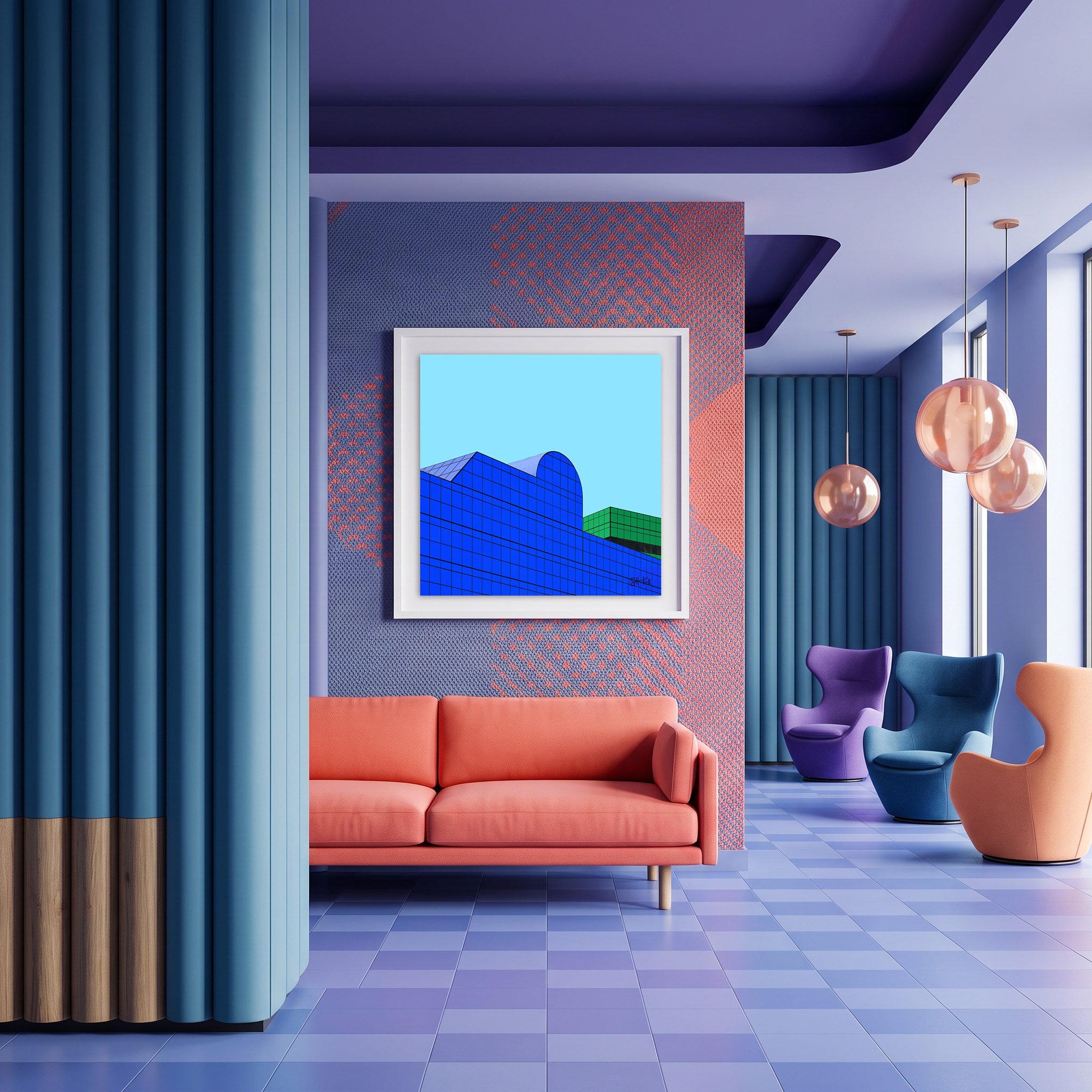 Melrose 05 framed photography print in violet coral and teal bold maximalist lounge