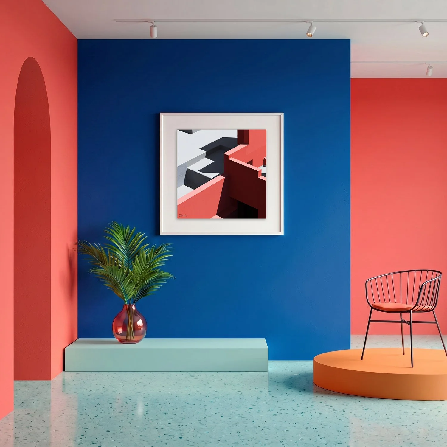 Muralla Roja 03 framed photography print in bold cobalt blue and coral gallery interior