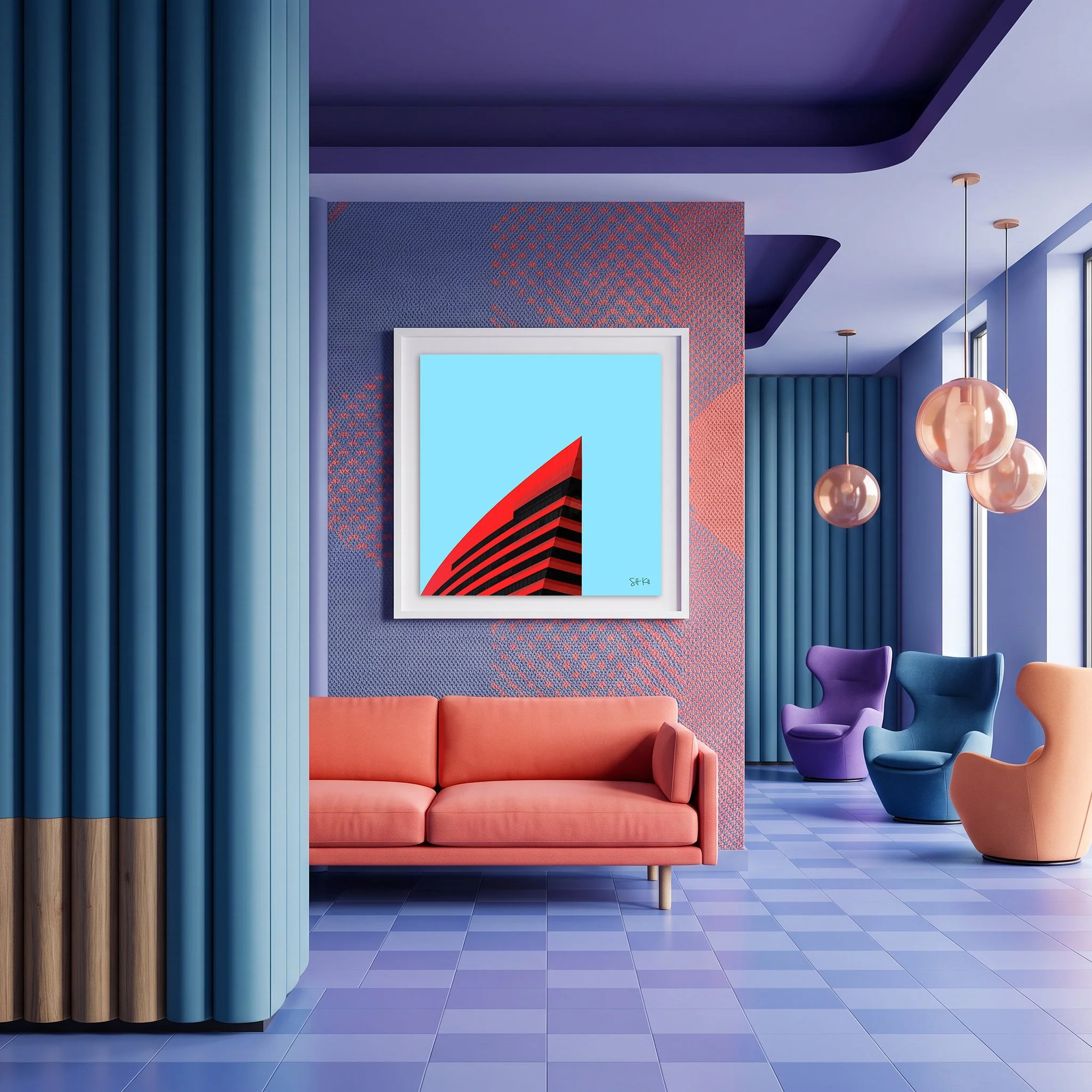 Melrose 03 framed photography print in violet coral and teal bold maximalist lounge