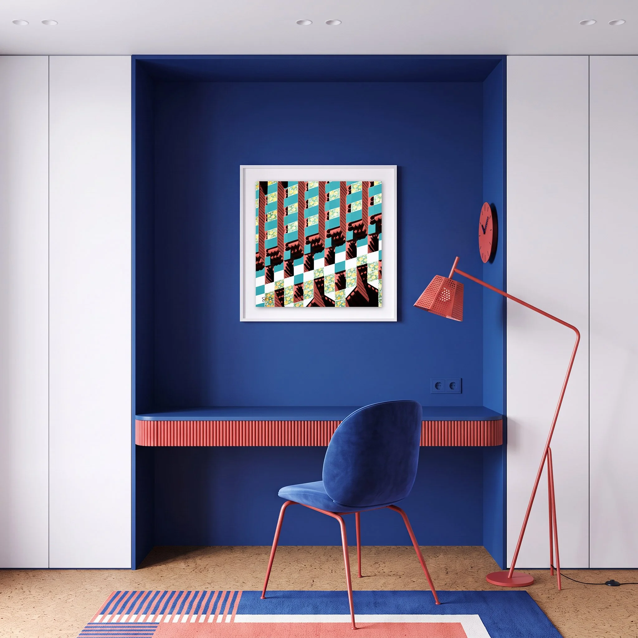 Casa Vicens 03 framed photography print in bold blue and coral modern study
