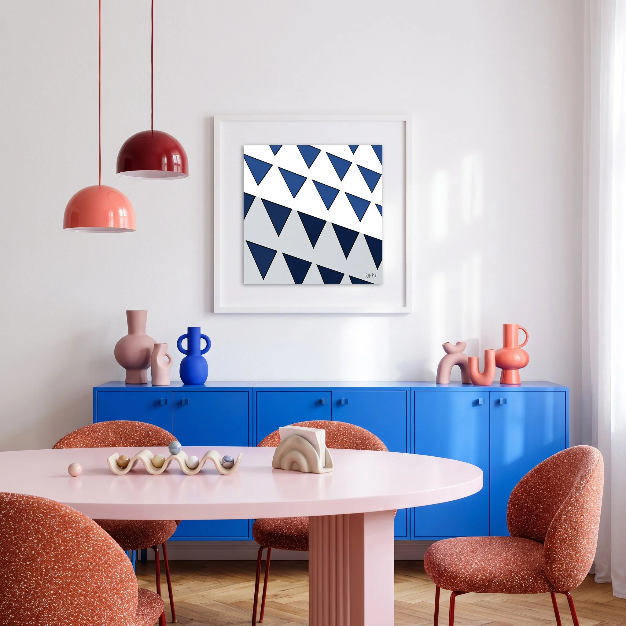 Provinciehuis 04 framed photography print in cobalt blue and coral playful modern dining room