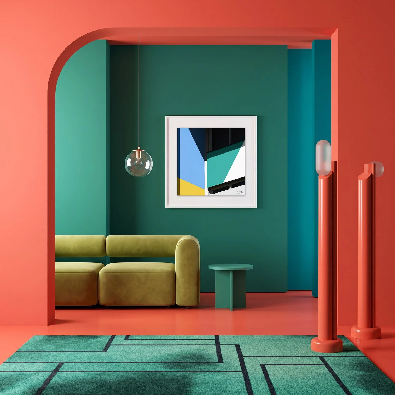 Corbusierhaus Berlin 02 framed photography print in coral and deep teal maximalist interior