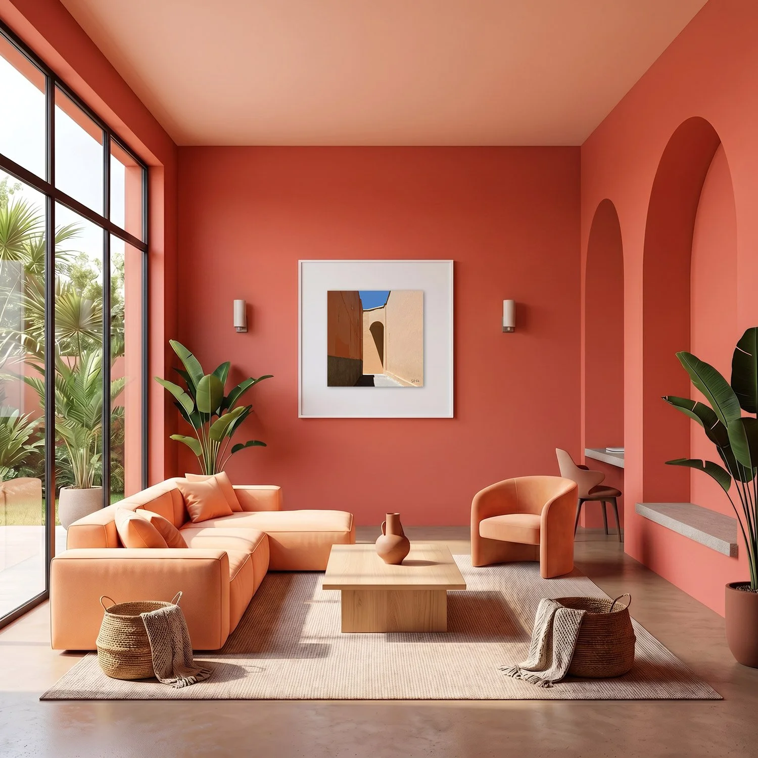 Marrakech Medina 15 framed photography print in warm terracotta and peach interior