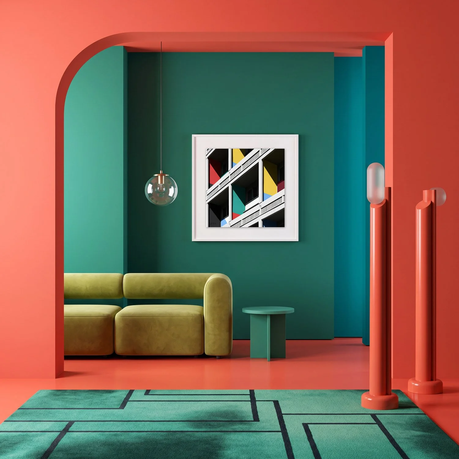 Corbusierhaus Berlin 13 framed photography print in coral and deep teal maximalist interior