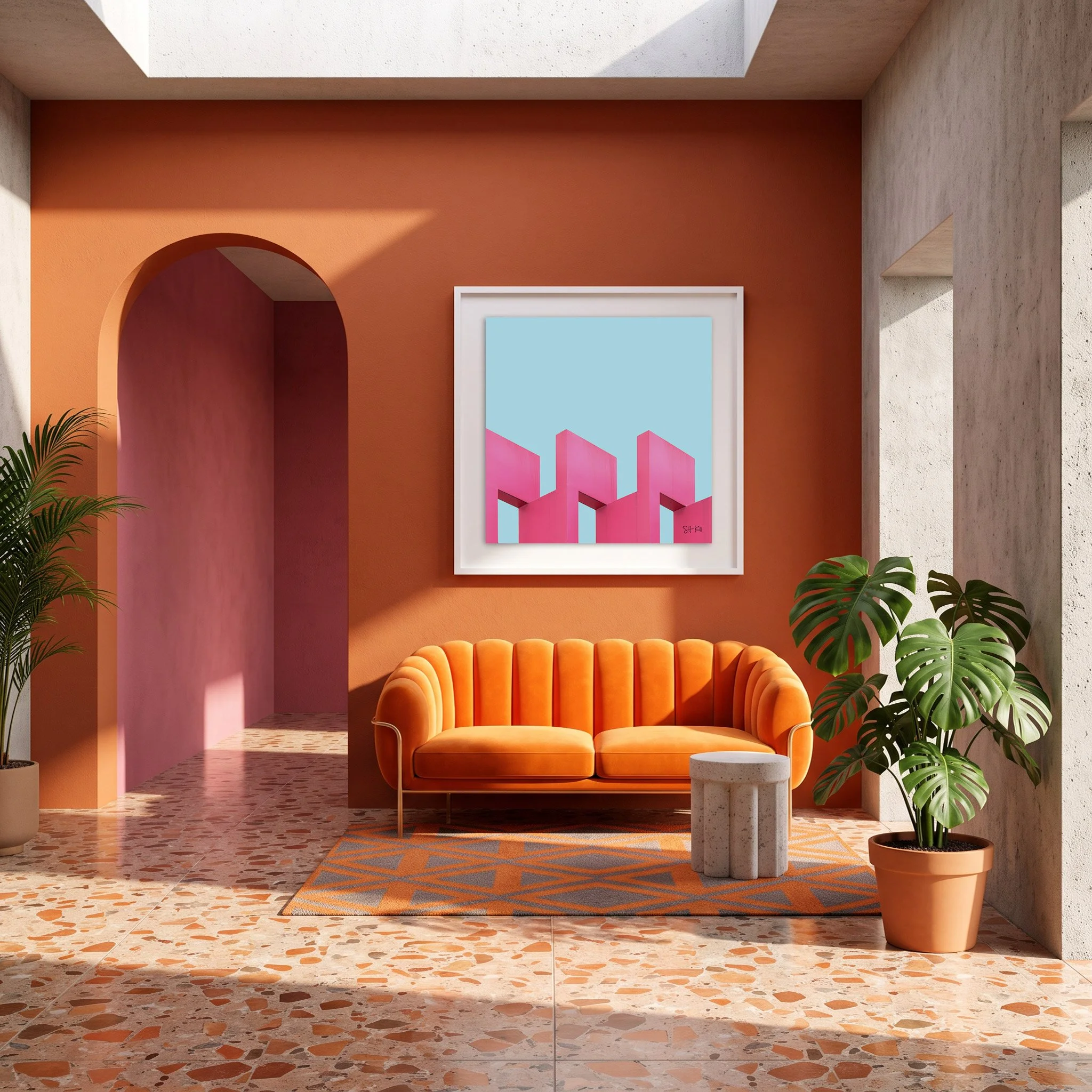 Camino Real Hotel 03 framed photography print in terracotta and orange mediterranean living room