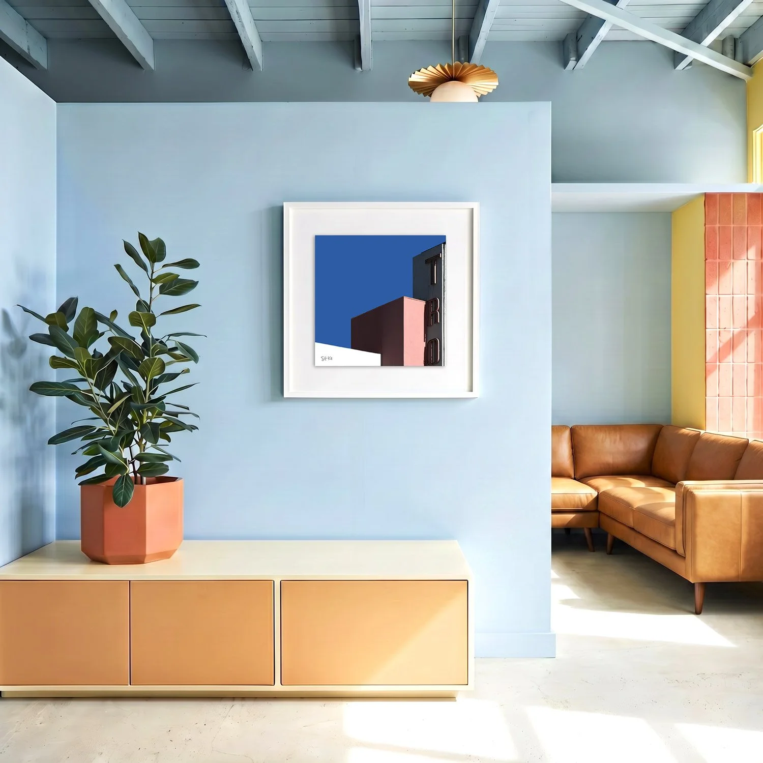 Miami Beach 10 framed photography print in sky blue and caramel coastal interior