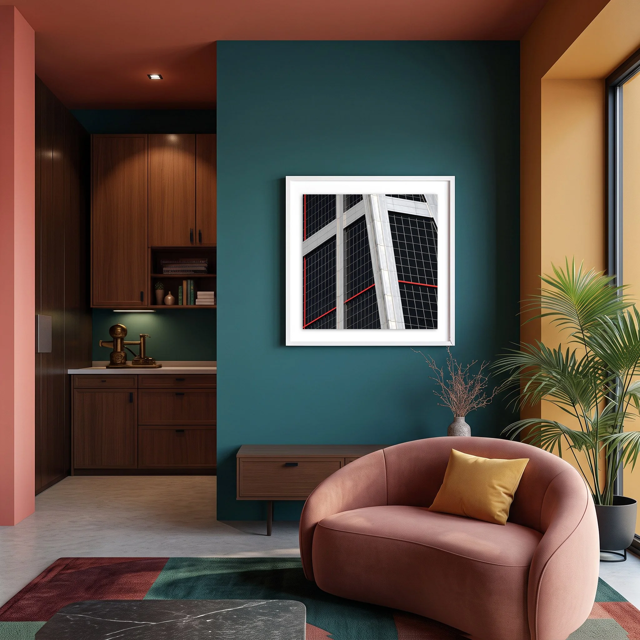 Puerta de Europa 02 framed photography print in teal and terracotta mid-century modern living room