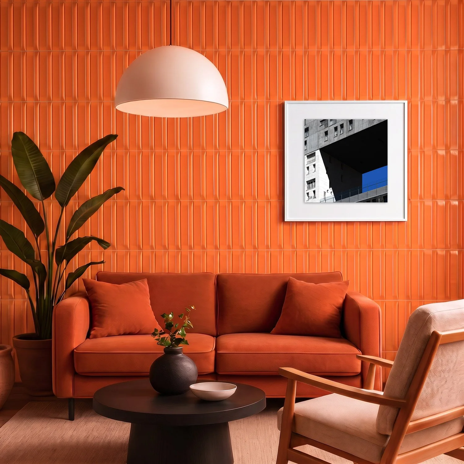 Mirador 12 framed photography print in bold orange tile and rust velvet interior