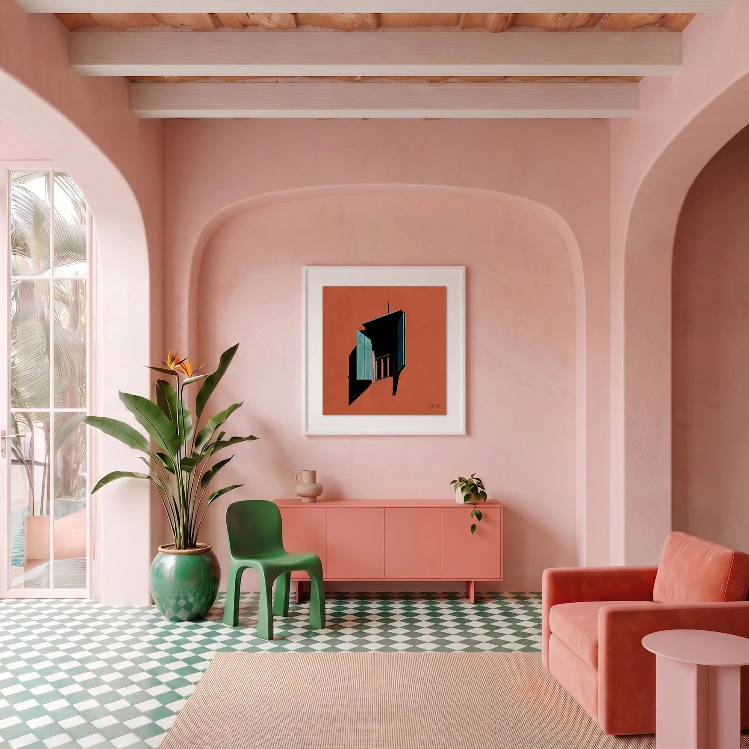 Venice 05 framed photography print in blush pink plaster and coral Mediterranean interior