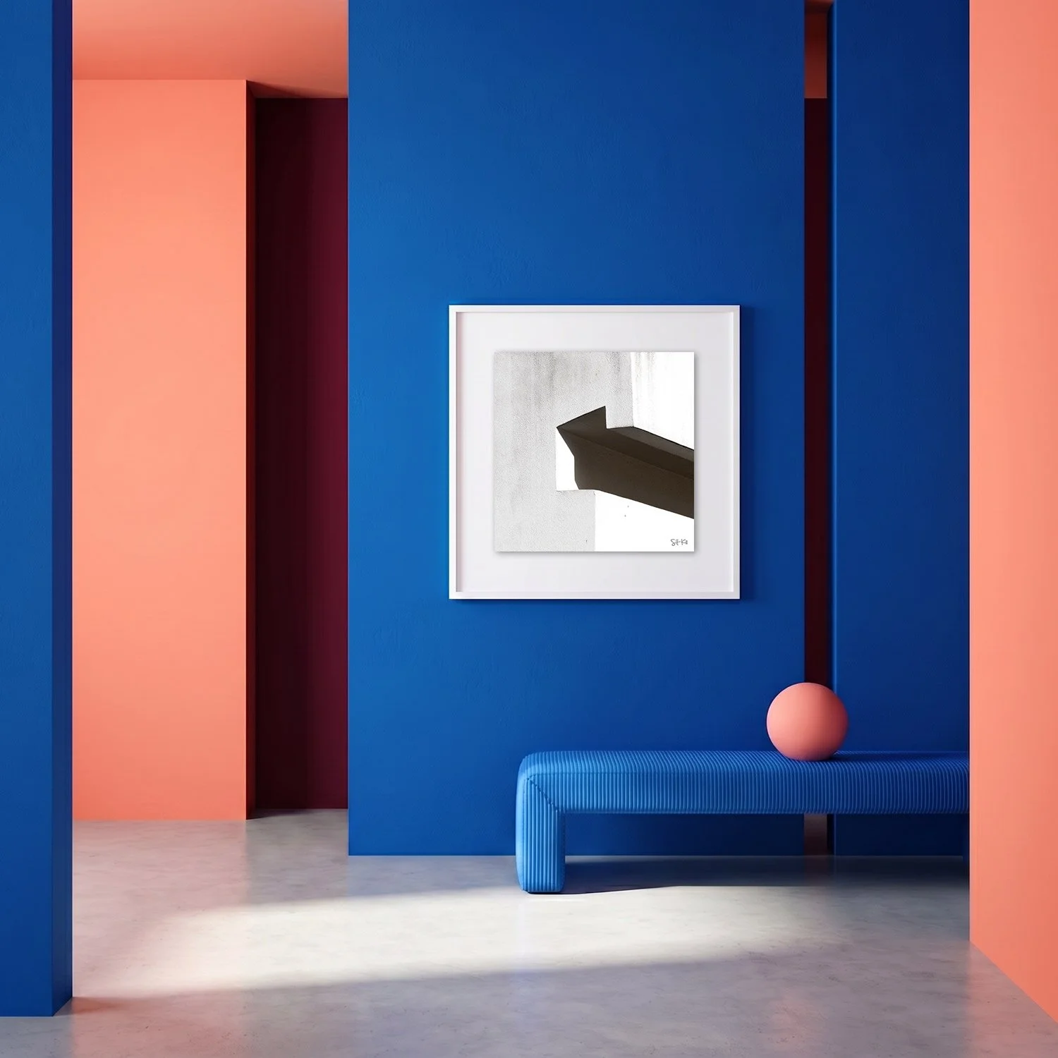 Cascais 08 framed photography print in cobalt blue and coral minimalist interior