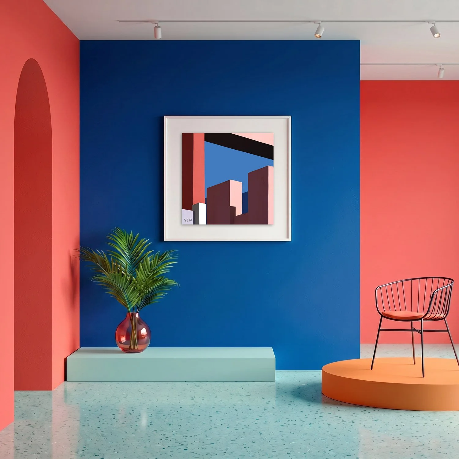 Muralla Roja 22 framed photography print in bold cobalt blue and coral gallery interior