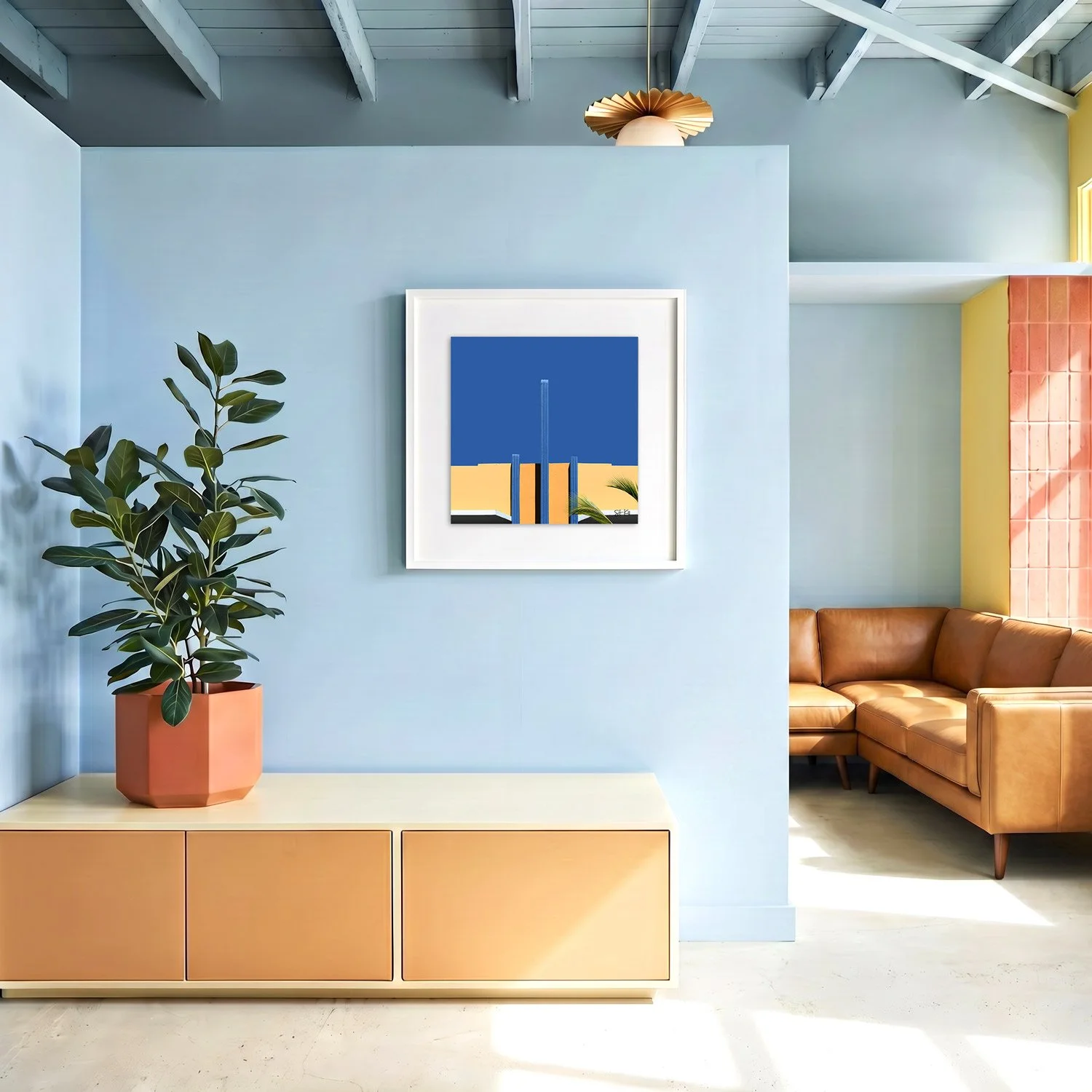 Miami Beach 08 framed photography print in sky blue and caramel coastal interior