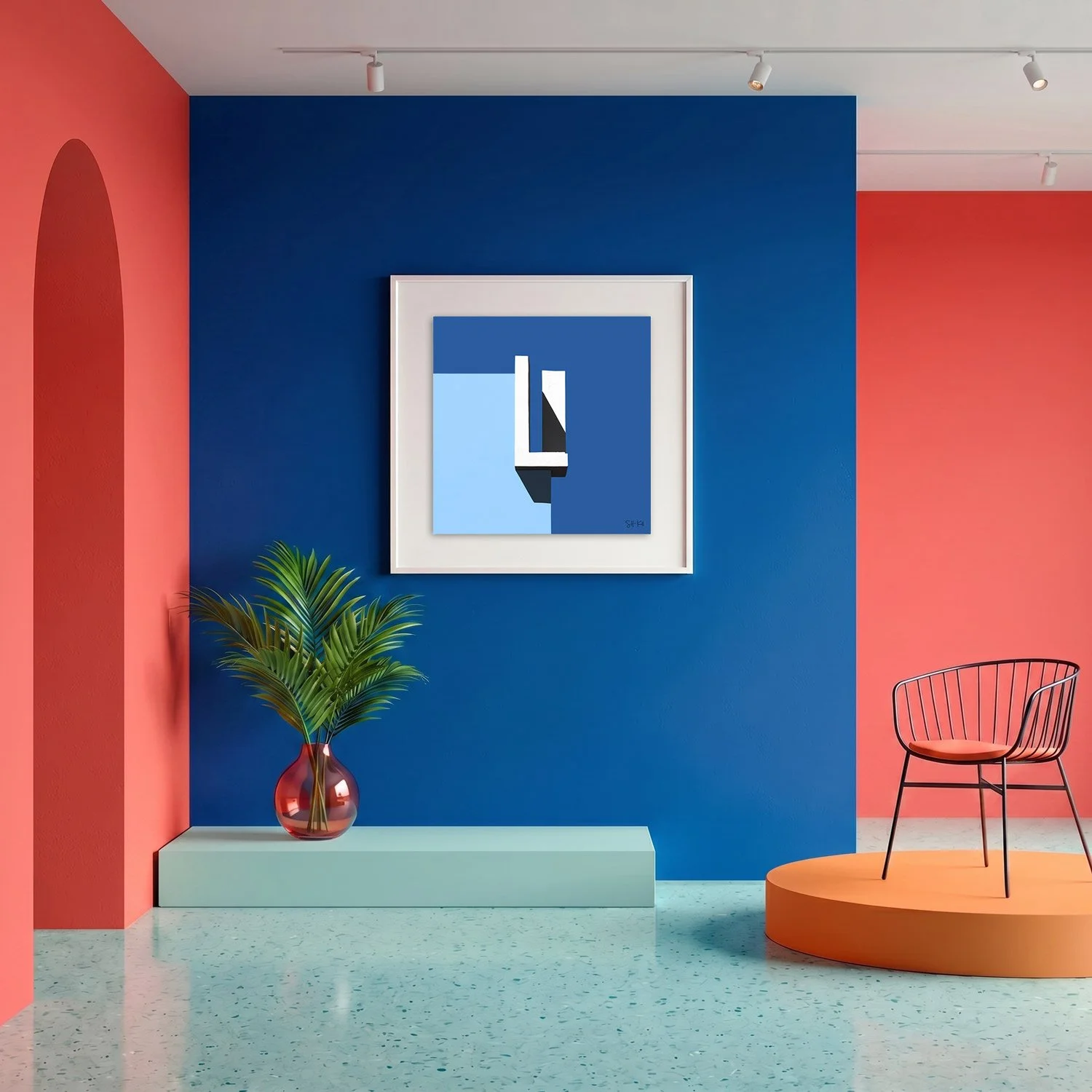 Muralla Roja 25 framed photography print in bold cobalt blue and coral gallery interior