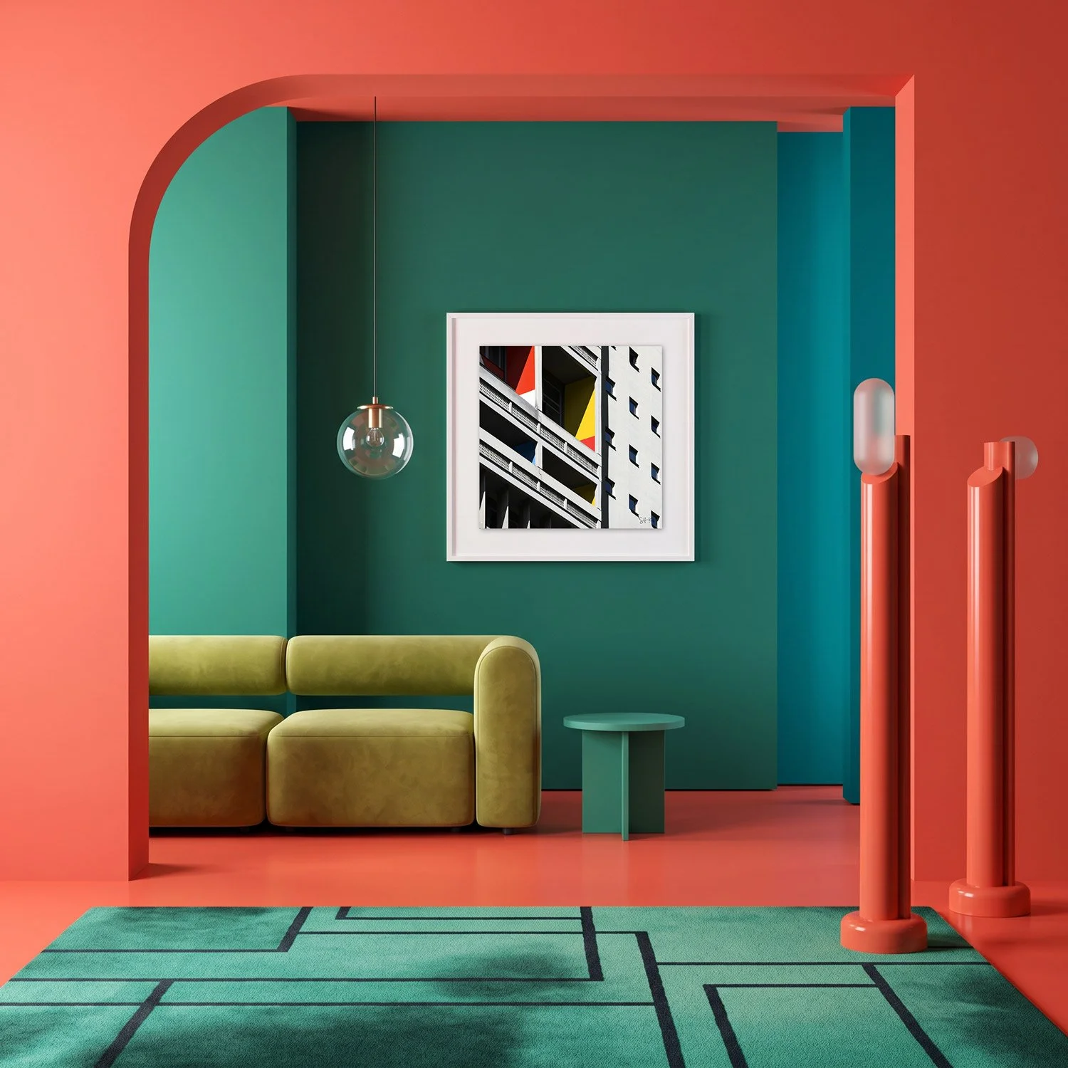 Corbusierhaus Berlin 09 framed photography print in coral and deep teal maximalist interior